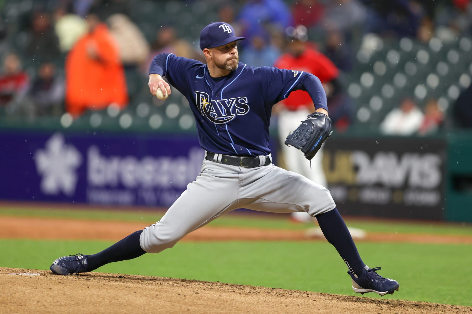 CLEVELAND, OH - SEPTEMBER 27: Tampa Bay Rays starting pitcher Corey Kluber (28) delivers a pitch to the plate during the third inning of the Major League Baseball game between the Tampa Bay Rays and Cleveland Guardians on September 27, 2022, at Progressive Field in Cleveland, OH. (Photo by Frank Jansky/Icon Sportswire via Getty Images)
