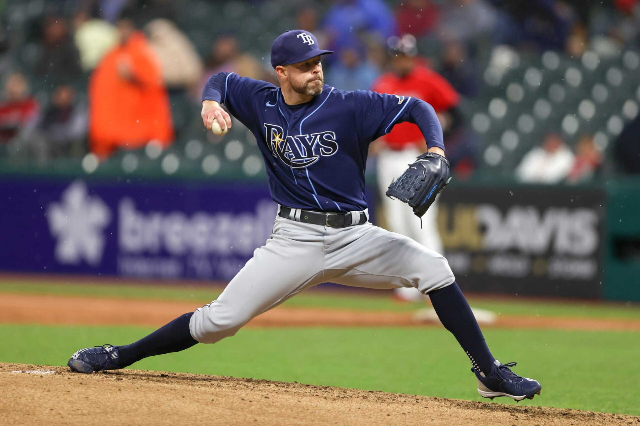 CLEVELAND, OH - SEPTEMBER 27: Tampa Bay Rays starting pitcher Corey Kluber (28) delivers a pitch to the plate during the third inning of the Major League Baseball game between the Tampa Bay Rays and Cleveland Guardians on September 27, 2022, at Progressive Field in Cleveland, OH. (Photo by Frank Jansky/Icon Sportswire via Getty Images)