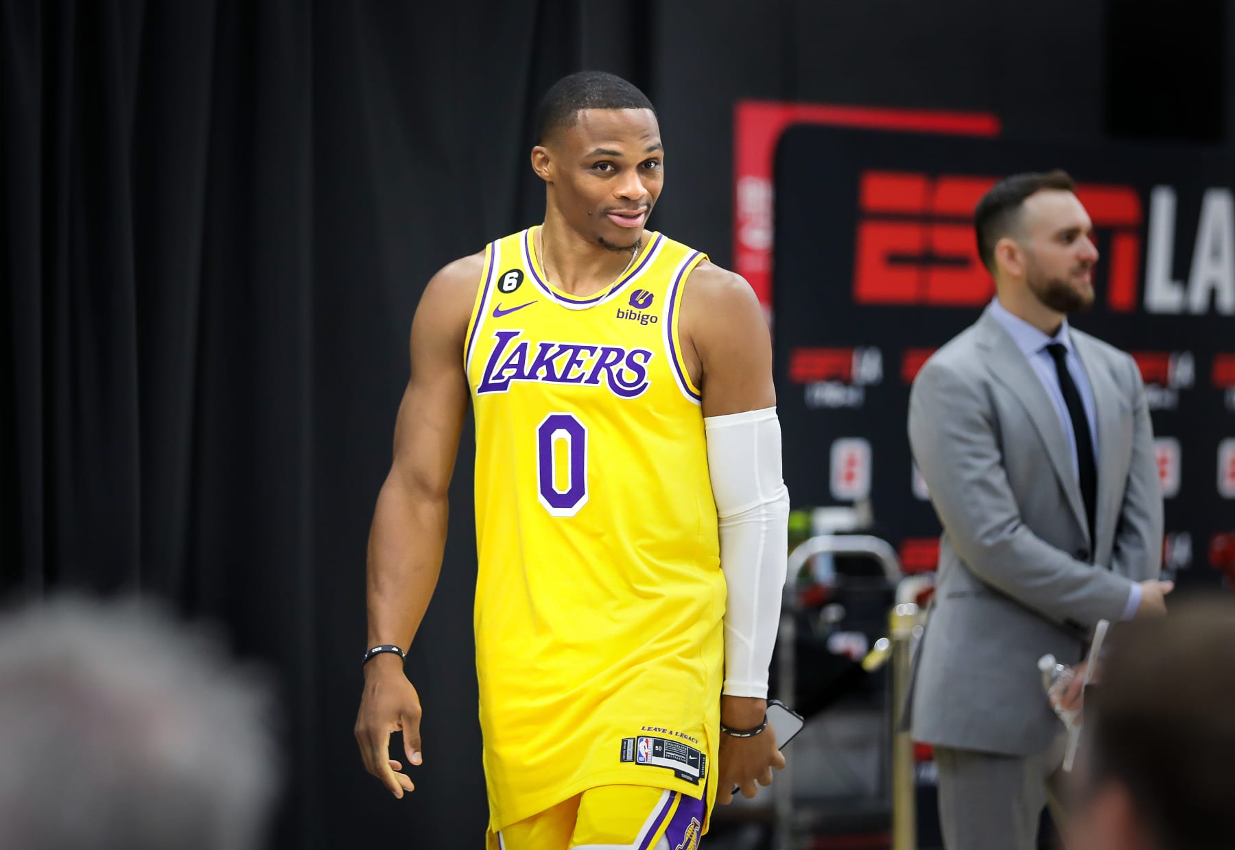 EL SEGUNDO, CA - SEPTEMBER 26, 2022: Russell Westbrook during Lakers Media Day at UCLA Health Training Center in El Segundo on Monday, September 26, 2022. (Christina House / Los Angeles Times via Getty Images)