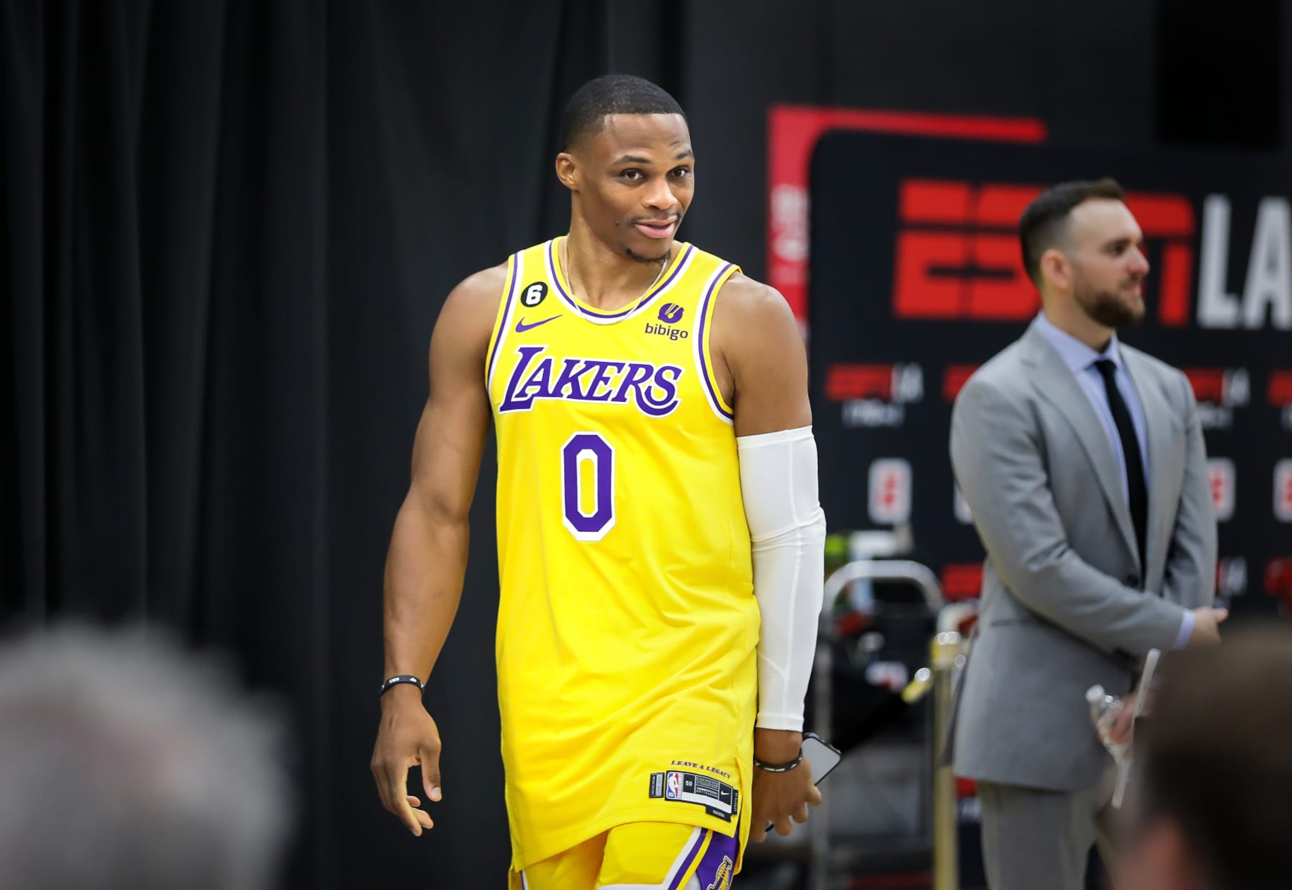EL SEGUNDO, CA - SEPTEMBER 26, 2022: Russell Westbrook during Lakers Media Day at UCLA Health Training Center in El Segundo on Monday, September 26, 2022. (Christina House / Los Angeles Times via Getty Images)