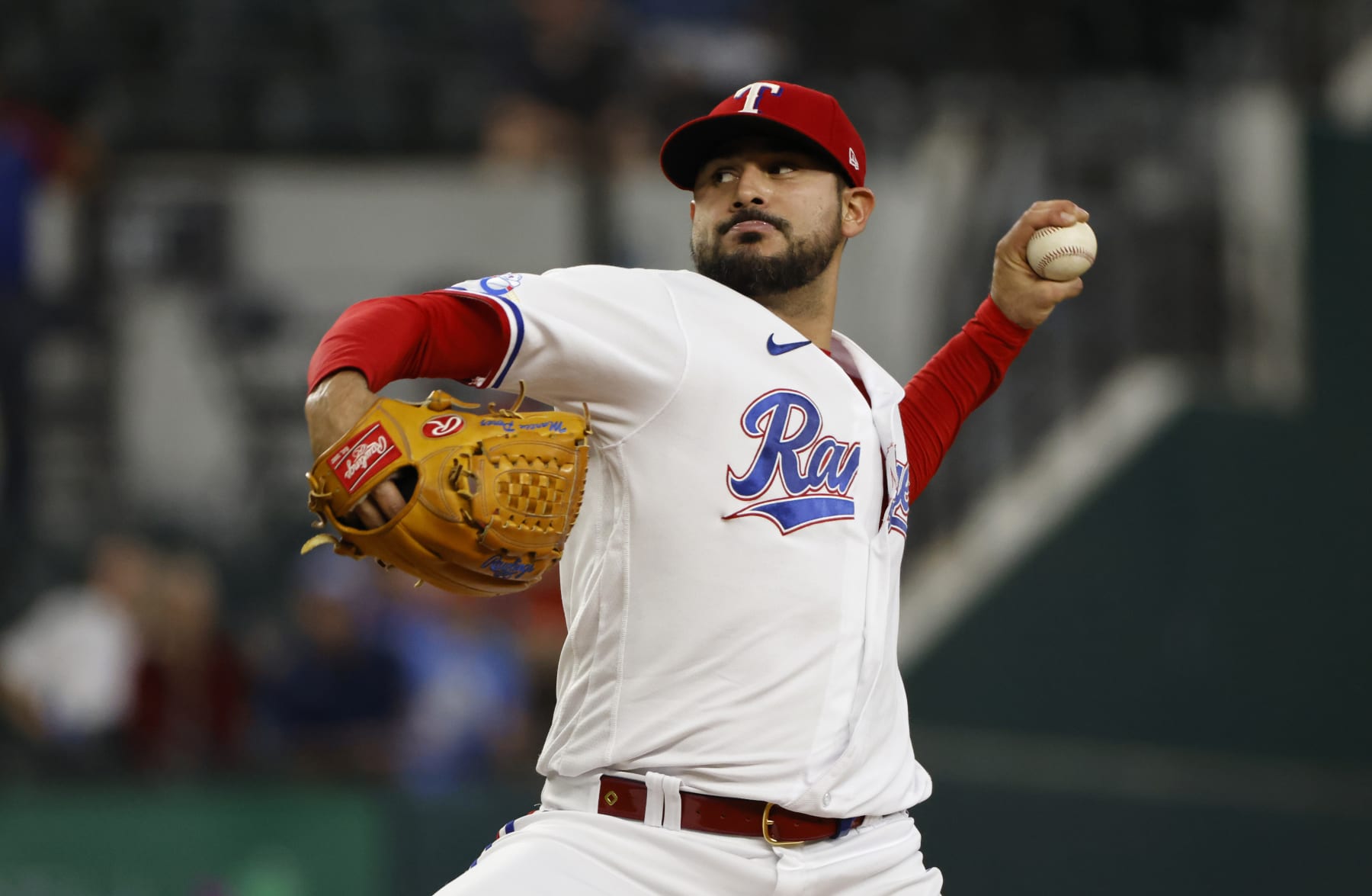 ARLINGTON, TX - SEPTEMBER 22: Martin Perez #54 of the Texas Rangers pitches against the Los Angeles Angels during the second inning at Globe Life Field on September 22, 2022 in Arlington, Texas. (Photo by Ron Jenkins/Getty Images)