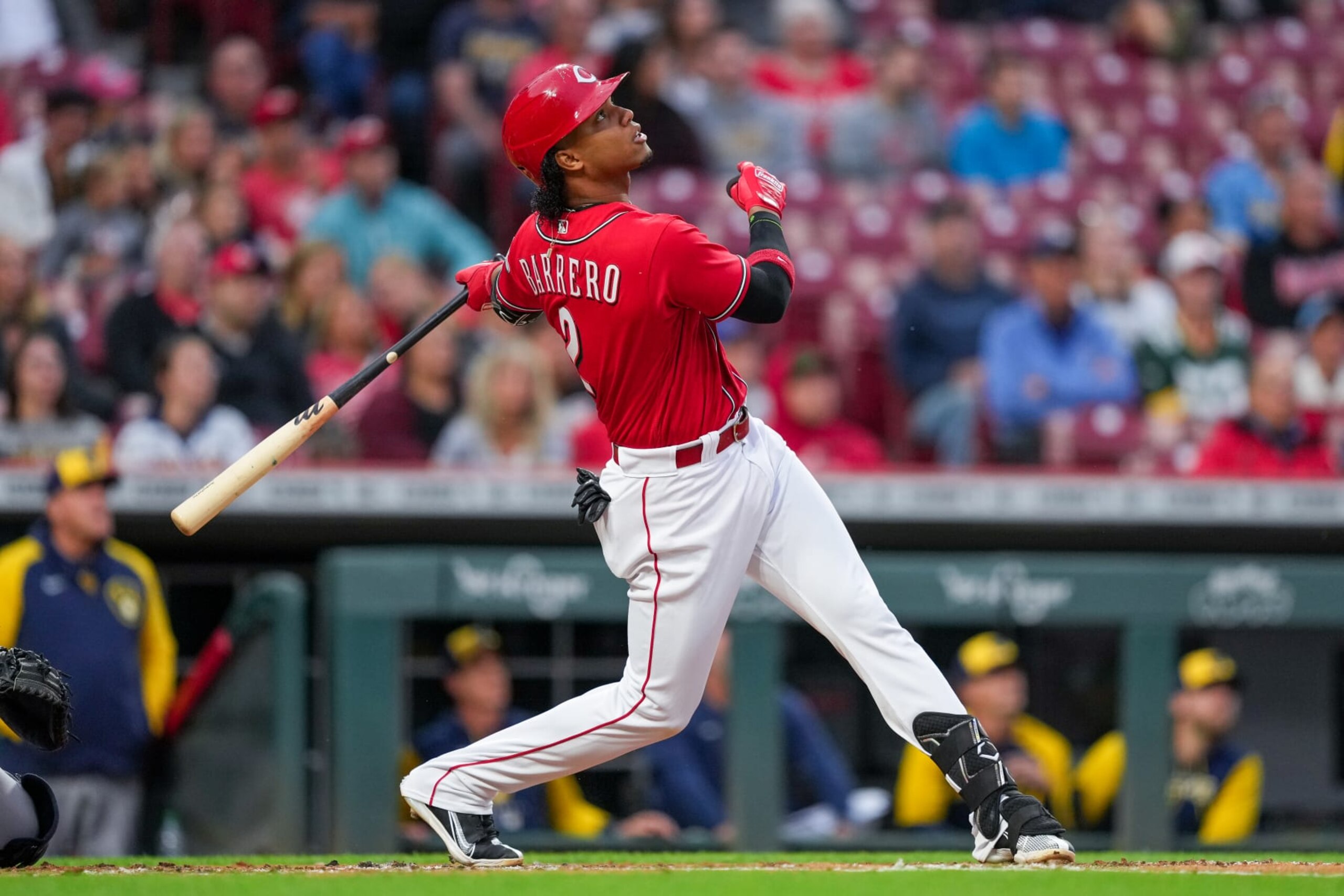 CINCINNATI, OHIO - SEPTEMBER 23: Jose Barrero #2 of the Cincinnati Reds flies out in the first inning against the Milwaukee Brewers at Great American Ball Park on September 23, 2022 in Cincinnati, Ohio. (Photo by Dylan Buell/Getty Images)