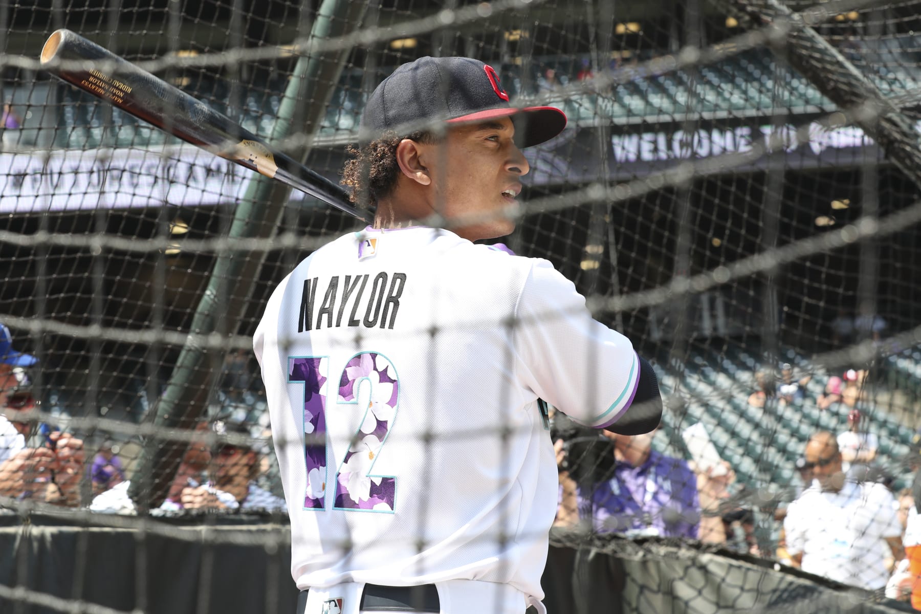 DENVER, CO - JULY 11:  Bo Naylor #12 of the American League Team bats during batting practice before the 2021 Sirius XM Futures Game at Coors Field on Sunday, July 11, 2021 in Denver, Colorado. (Photo by Mary DeCicco/MLB Photos via Getty Images)