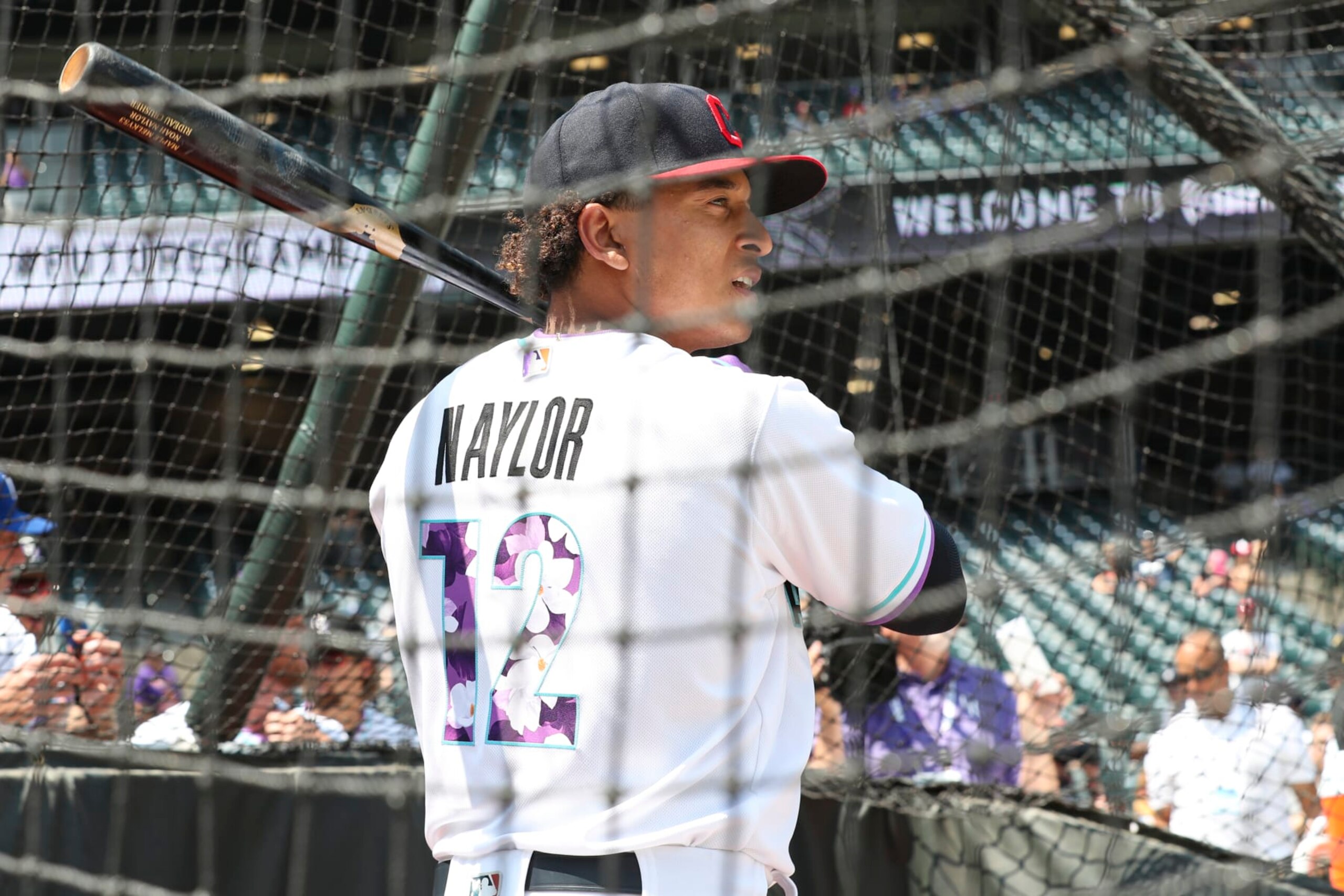 DENVER, CO - JULY 11:  Bo Naylor #12 of the American League Team bats during batting practice before the 2021 Sirius XM Futures Game at Coors Field on Sunday, July 11, 2021 in Denver, Colorado. (Photo by Mary DeCicco/MLB Photos via Getty Images)