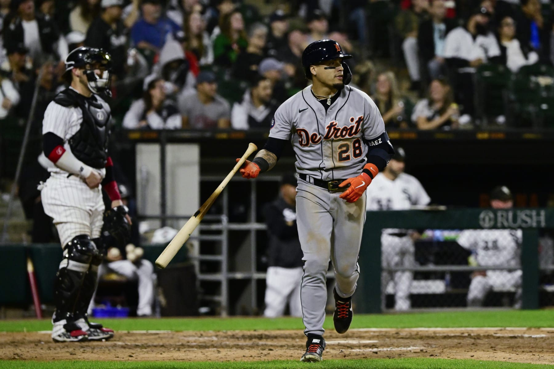 CHICAGO, ILLINOIS - SEPTEMBER 24: Javier Baez #28 of the Detroit Tigers watches his three run home run ball leave the park in the seventh inning against the Chicago White Sox at Guaranteed Rate Field on September 24, 2022 in Chicago, Illinois. (Photo by Quinn Harris/Getty Images)