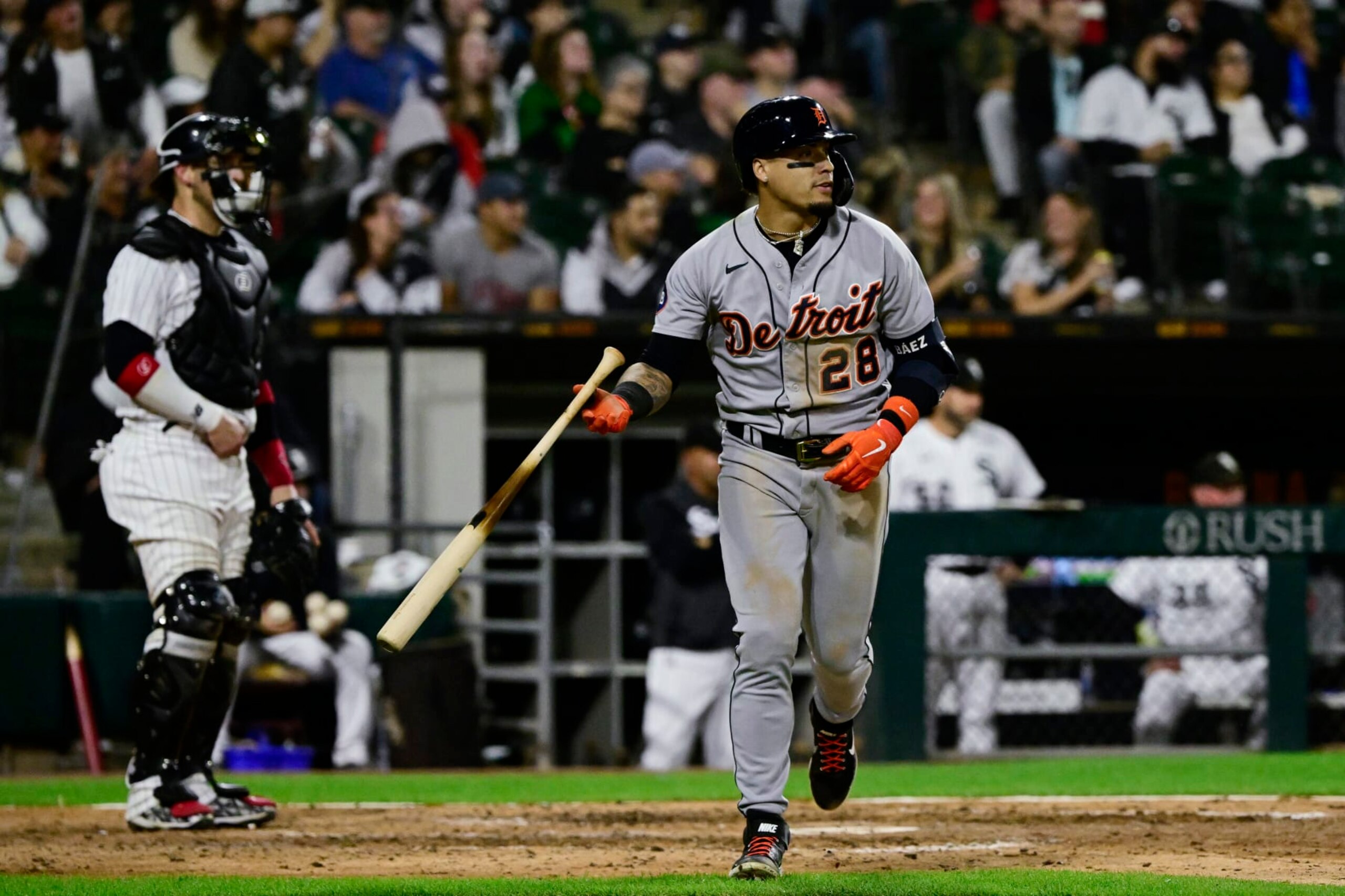 CHICAGO, ILLINOIS - SEPTEMBER 24: Javier Baez #28 of the Detroit Tigers watches his three run home run ball leave the park in the seventh inning against the Chicago White Sox at Guaranteed Rate Field on September 24, 2022 in Chicago, Illinois. (Photo by Quinn Harris/Getty Images)
