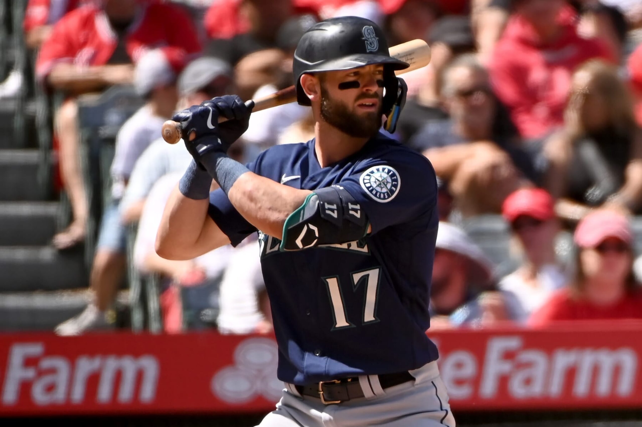 ANAHEIM, CALIFORNIA - SEPTEMBER 18: Mitch Haniger #17 of the Seattle Mariners bats against the Los Angeles Angels of Anaheim at Angel Stadium of Anaheim on September 18, 2022 in Anaheim, California. (Photo by Jonathan Moore/Getty Images)