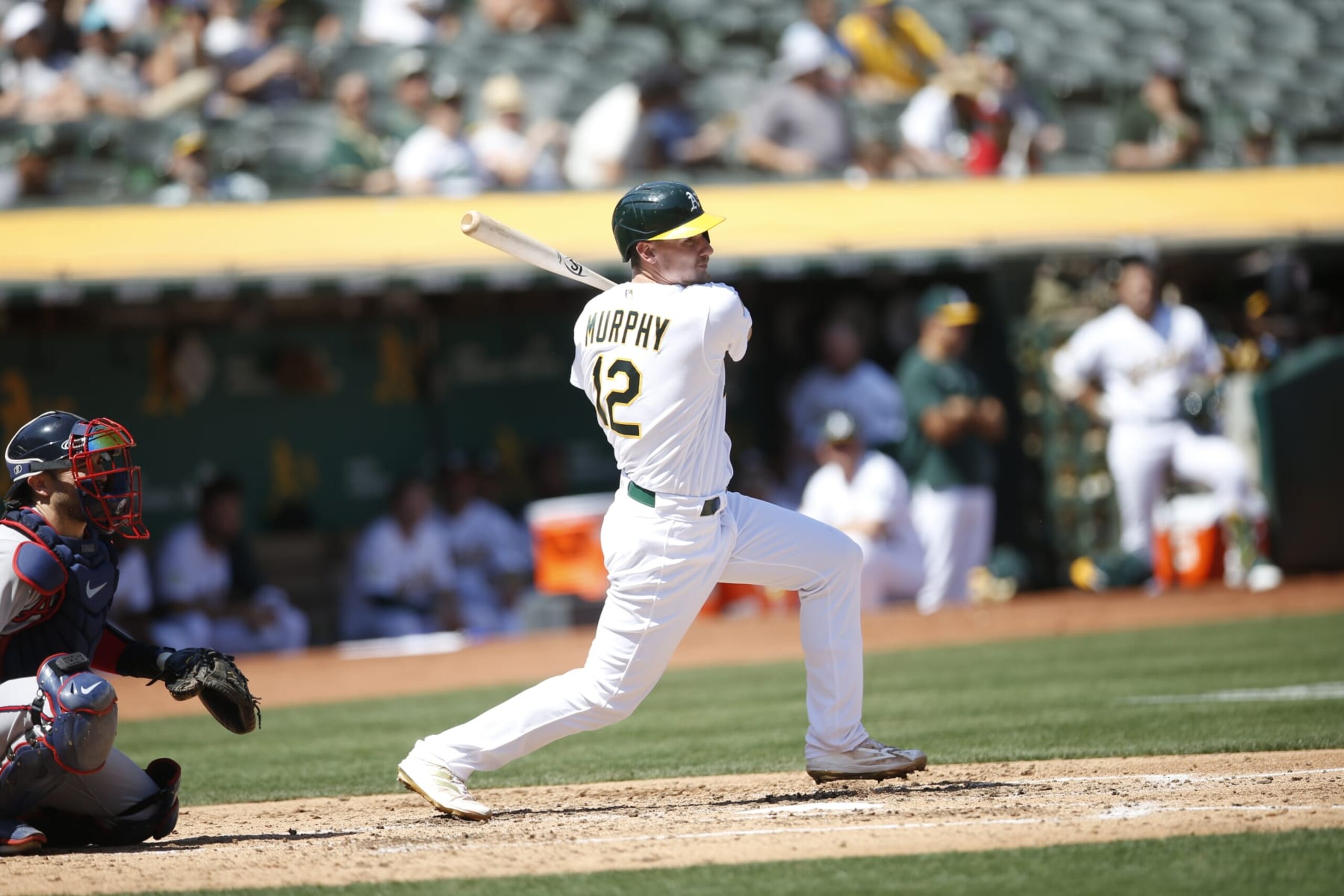 OAKLAND, CA - SEPTEMBER 7: Sean Murphy #12 of the Oakland Athletics bats during the game against the Atlanta Braves at RingCentral Coliseum on September 7, 2022 in Oakland, California. The Braves defeated the Athletics 7-3. (Photo by Michael Zagaris/Oakland Athletics/Getty Images)