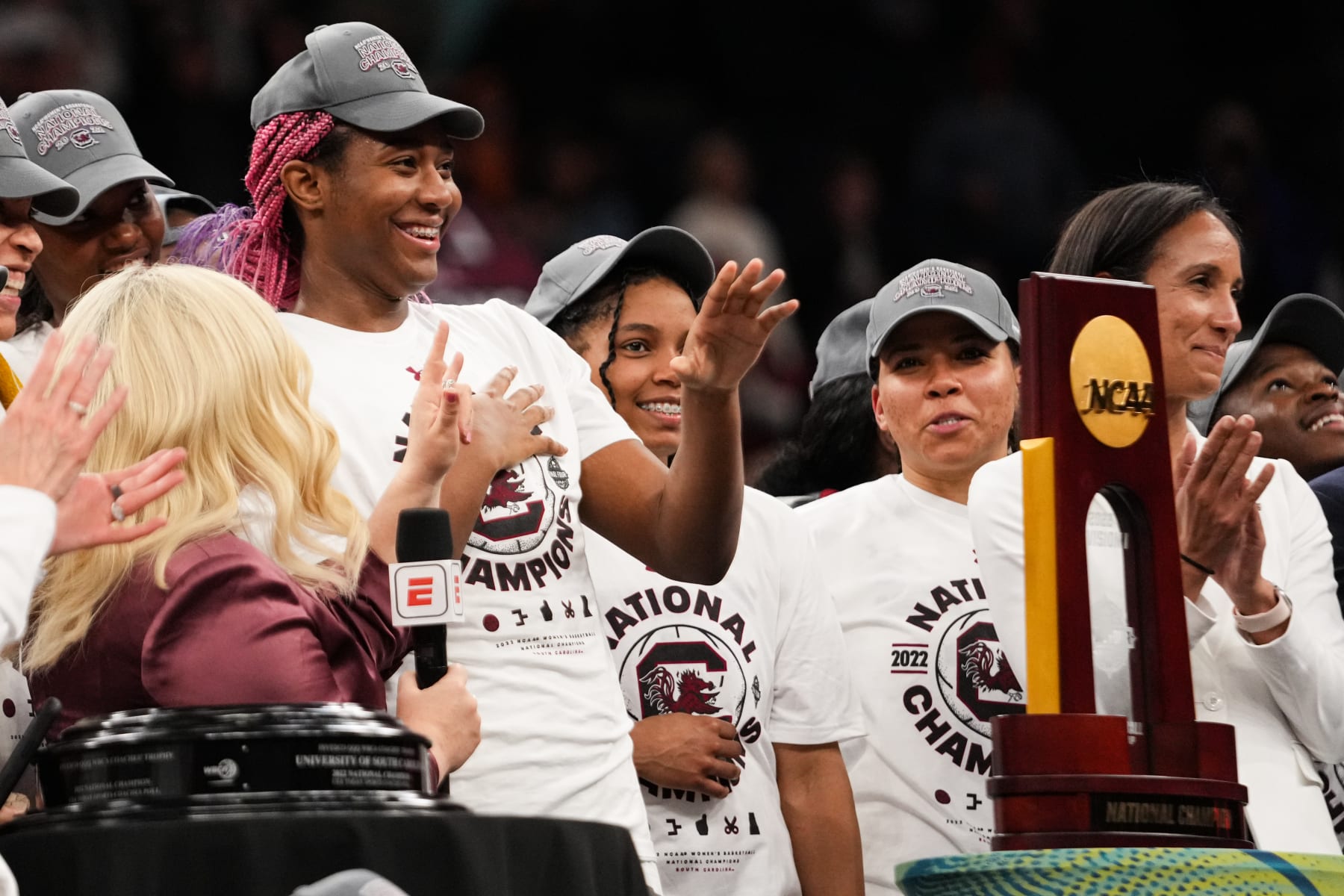 MINNEAPOLIS, MN - APRIL 03: Aliyah Boston #4 of the South Carolina Gamecocks waves to the crowd after defeating the South Carolina Gamecocks during the championship game of the NCAA Women’s Basketball Tournament at Target Center on April 3, 2022 in Minneapolis, Minnesota. (Photo by Ethan Mito/NCAA Photos via Getty Images)