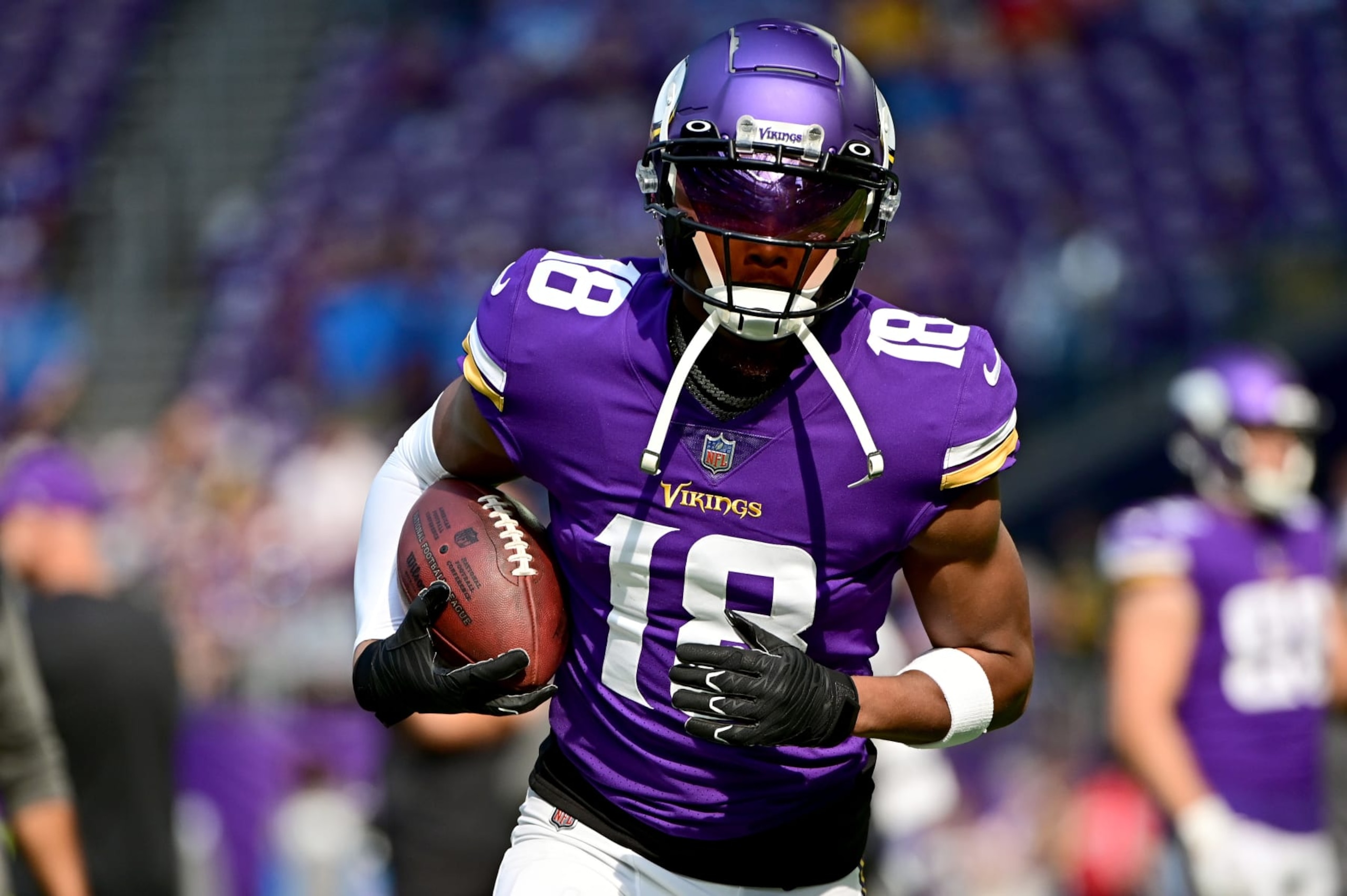 MINNEAPOLIS, MINNESOTA - SEPTEMBER 25: Wide receiver Justin Jefferson #18 of the Minnesota Vikings warms up before the game against the Detroit Lions at U.S. Bank Stadium on September 25, 2022 in Minneapolis, Minnesota. (Photo by Stephen Maturen/Getty Images)