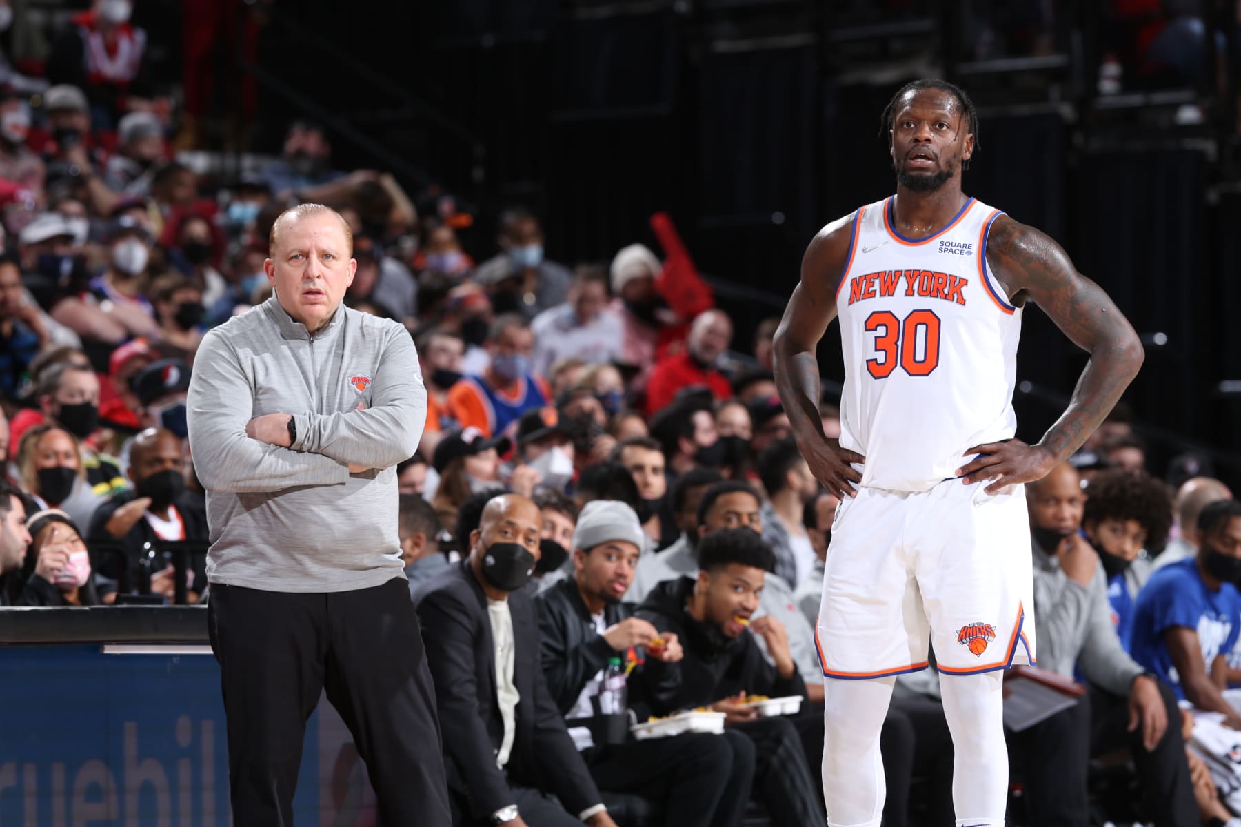 PORTLAND, OR - FEBRUARY 11: Julius Randle #30 of the New York Knicks and Head Coach Tom Thibodeau of the New York Knicks look on during the game against the Portland Trail Blazers on February 11, 2022 at the Moda Center Arena in Portland, Oregon. NOTE TO USER: User expressly acknowledges and agrees that, by downloading and or using this photograph, user is consenting to the terms and conditions of the Getty Images License Agreement. Mandatory Copyright Notice: Copyright 2022 NBAE (Photo by Sam Forencich/NBAE via Getty Images)