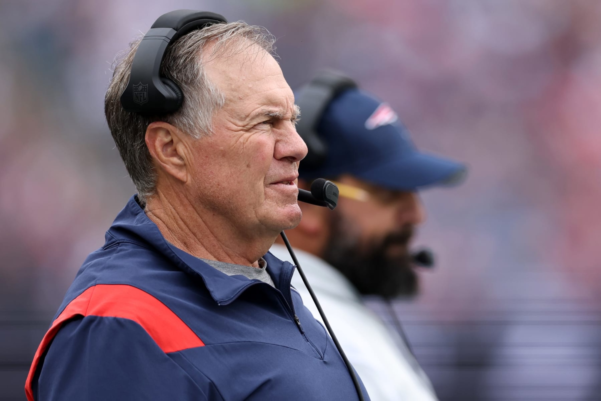 FOXBOROUGH, MASSACHUSETTS - SEPTEMBER 25: Head coach Bill Belichick of the New England Patriots stands on the sideline with Senior Football Advisor Matt Patricia during the game against the Baltimore Ravens at Gillette Stadium on September 25, 2022 in Foxborough, Massachusetts. (Photo by Maddie Meyer/Getty Images)