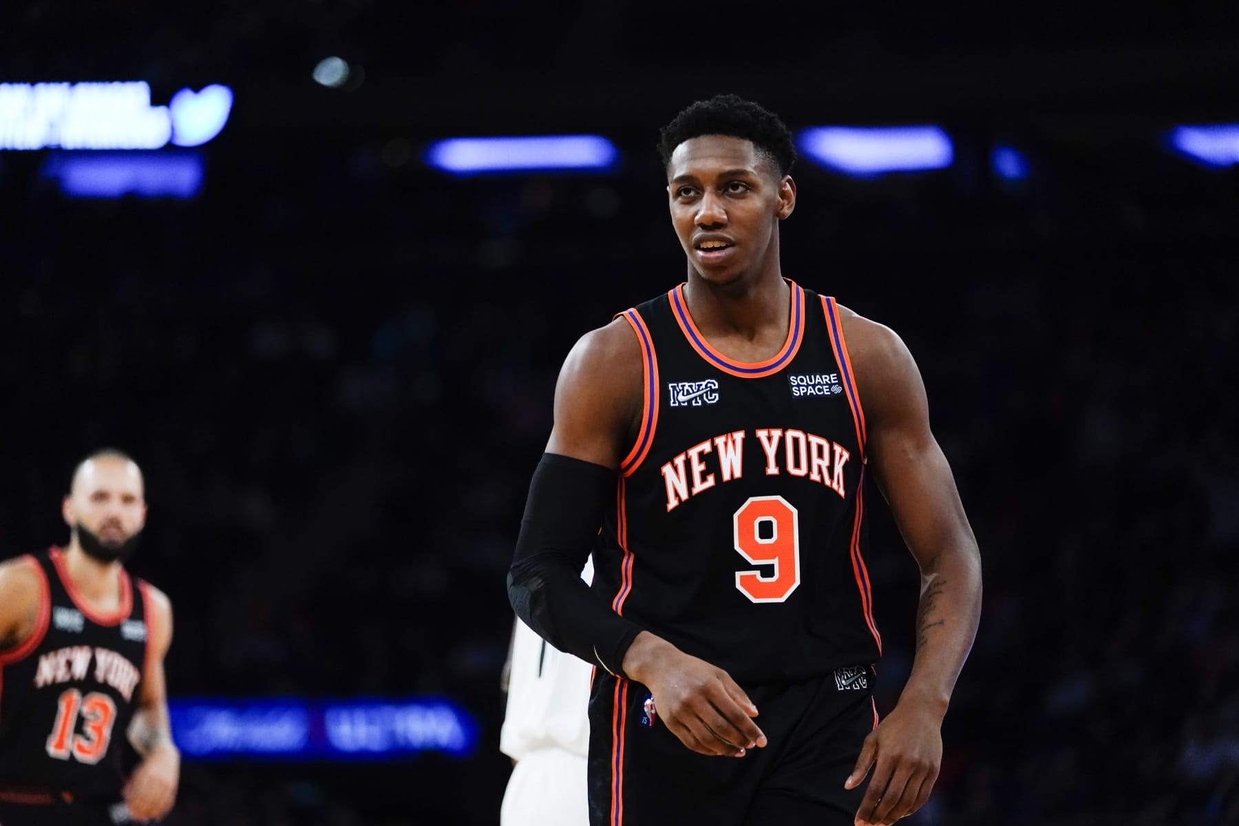 New York Knicks' RJ Barrett (9) during the second half of an NBA basketball game against the Brooklyn Nets Wednesday, April 6, 2022, in New York. The Nets won 110-98. (AP Photo/Frank Franklin II)