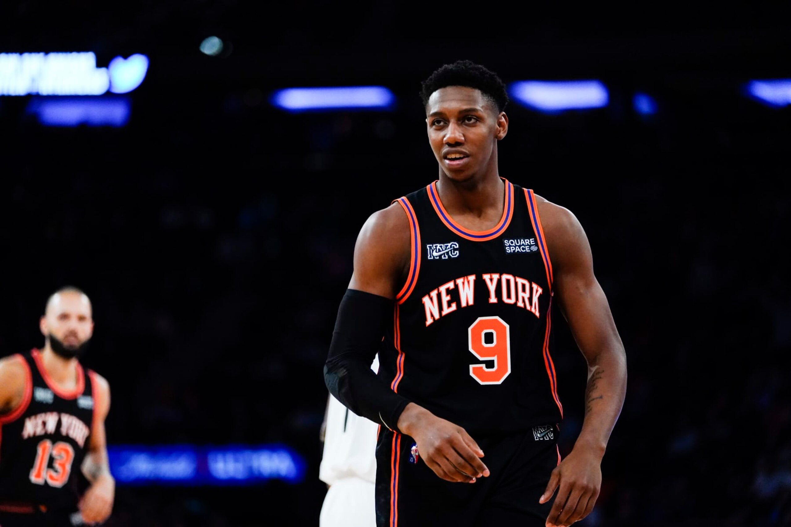 New York Knicks' RJ Barrett (9) during the second half of an NBA basketball game against the Brooklyn Nets Wednesday, April 6, 2022, in New York. The Nets won 110-98. (AP Photo/Frank Franklin II) New York Knicks' RJ Barrett (9) during the second half of an NBA basketball game against the Brooklyn Nets Wednesday, April 6, 2022, in New York. The Nets won 110-98. (AP Photo/Frank Franklin II)