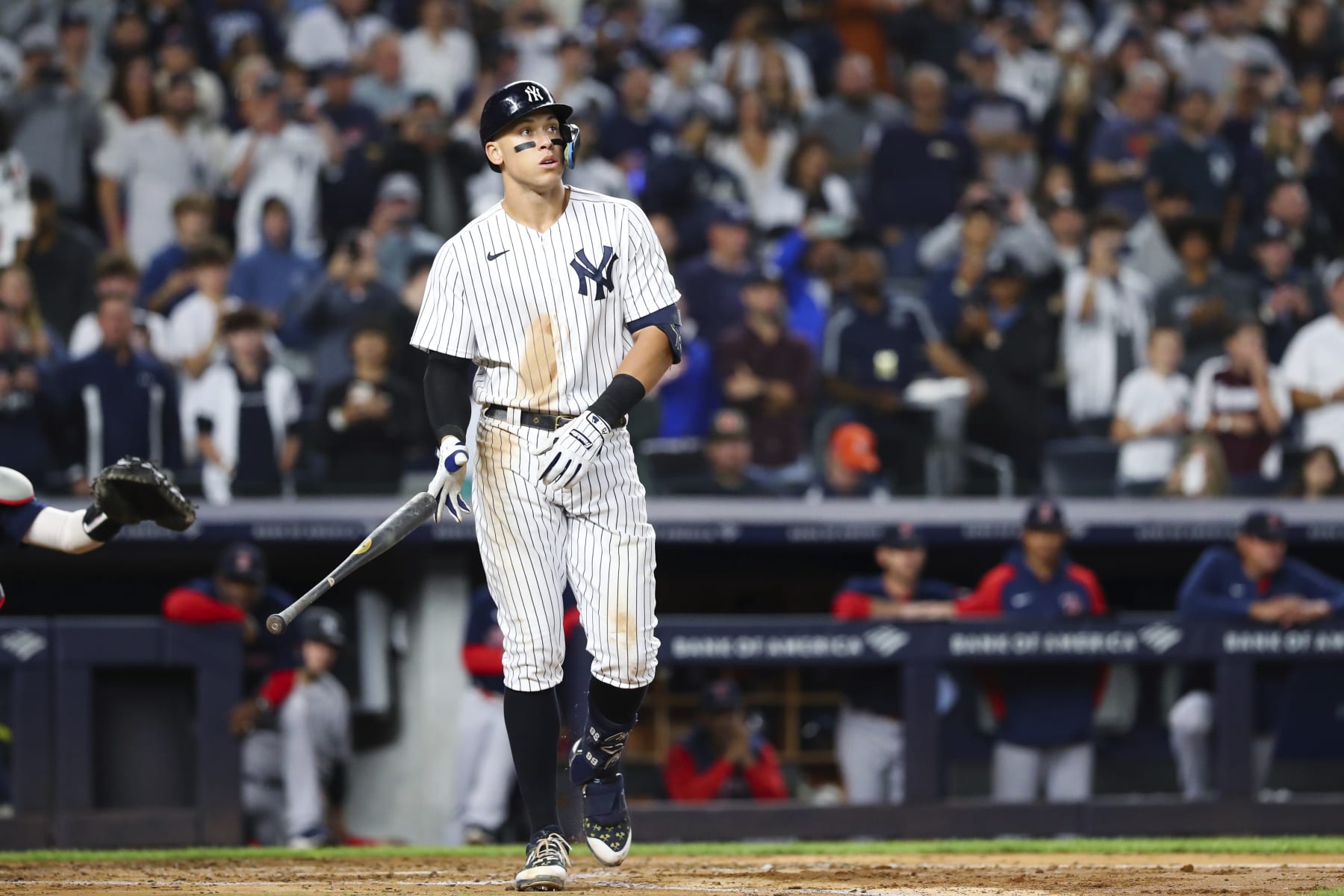 New York Yankees designated hitter Aaron Judge drops the bat after walking against Boston Red Sox starting pitcher Brayan Bello during the third inning of a baseball game Sunday, Sept. 25, 2022, in New York. (AP Photo/Jessie Alcheh)