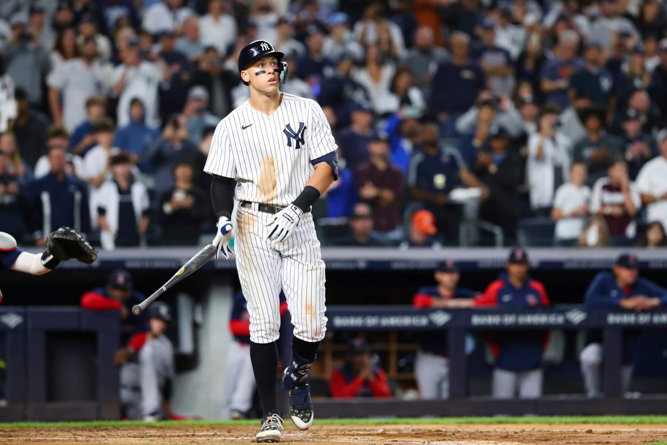 New York Yankees designated hitter Aaron Judge drops the bat after walking against Boston Red Sox starting pitcher Brayan Bello during the third inning of a baseball game Sunday, Sept. 25, 2022, in New York. (AP Photo/Jessie Alcheh)