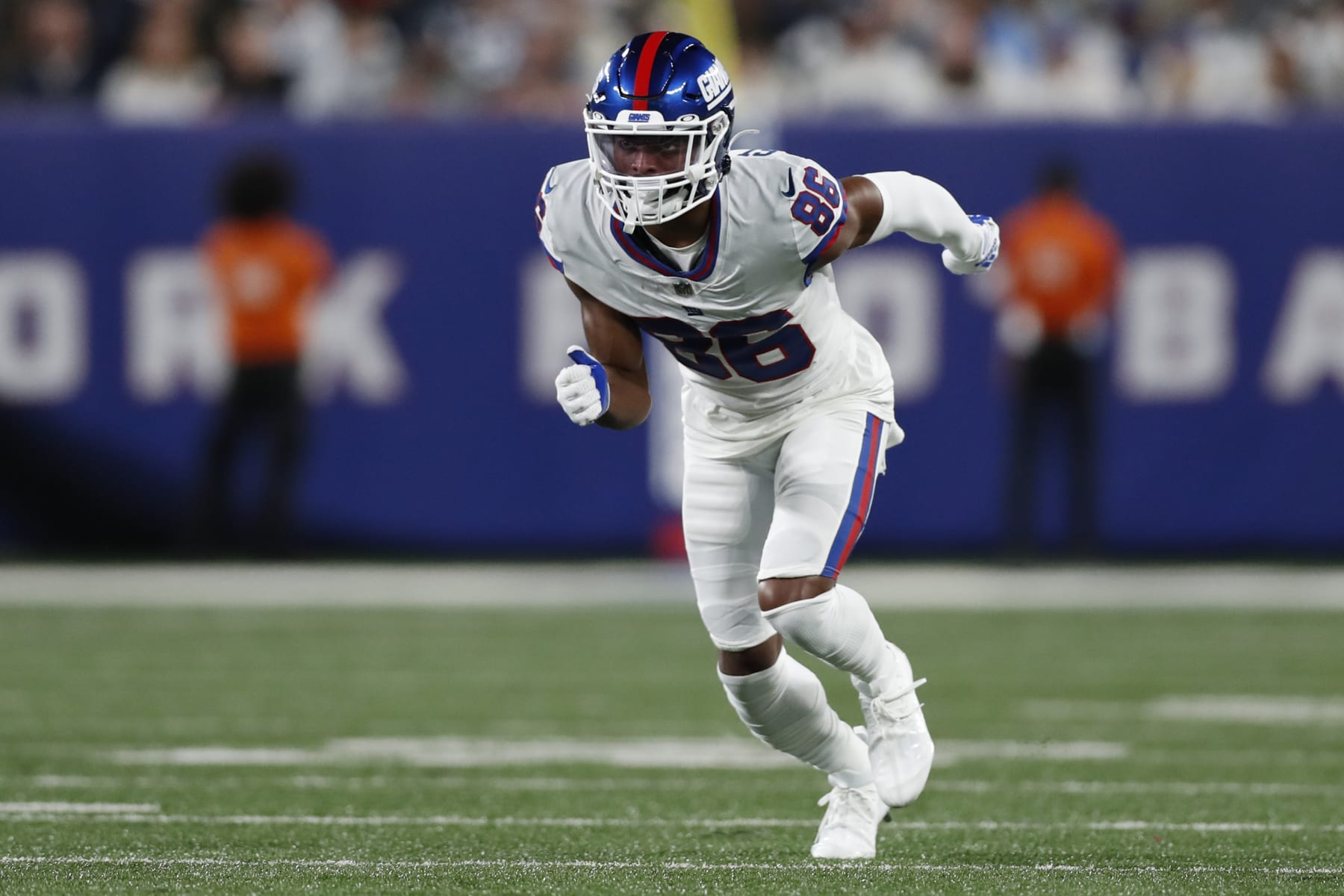 New York Giants wide receiver Darius Slayton (86) runs a route during an NFL football game against the Dallas Cowboys, Monday, Sept. 26, 2022, in East Rutherford, N.J. The Dallas Cowboys won 23-16. (AP Photo/Steve Luciano)