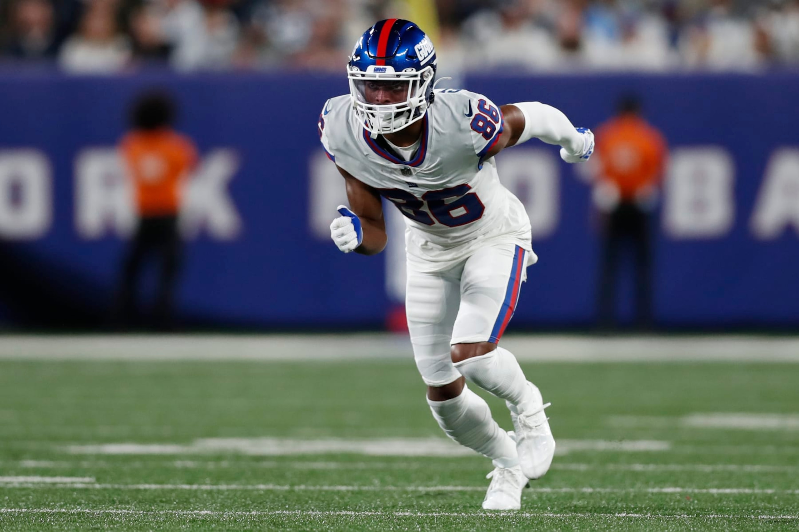 New York Giants wide receiver Darius Slayton (86) runs a route during an NFL football game against the Dallas Cowboys, Monday, Sept. 26, 2022, in East Rutherford, N.J. The Dallas Cowboys won 23-16. (AP Photo/Steve Luciano) New York Giants wide receiver Darius Slayton (86) runs a route during an NFL football game against the Dallas Cowboys, Monday, Sept. 26, 2022, in East Rutherford, N.J. The Dallas Cowboys won 23-16. (AP Photo/Steve Luciano)