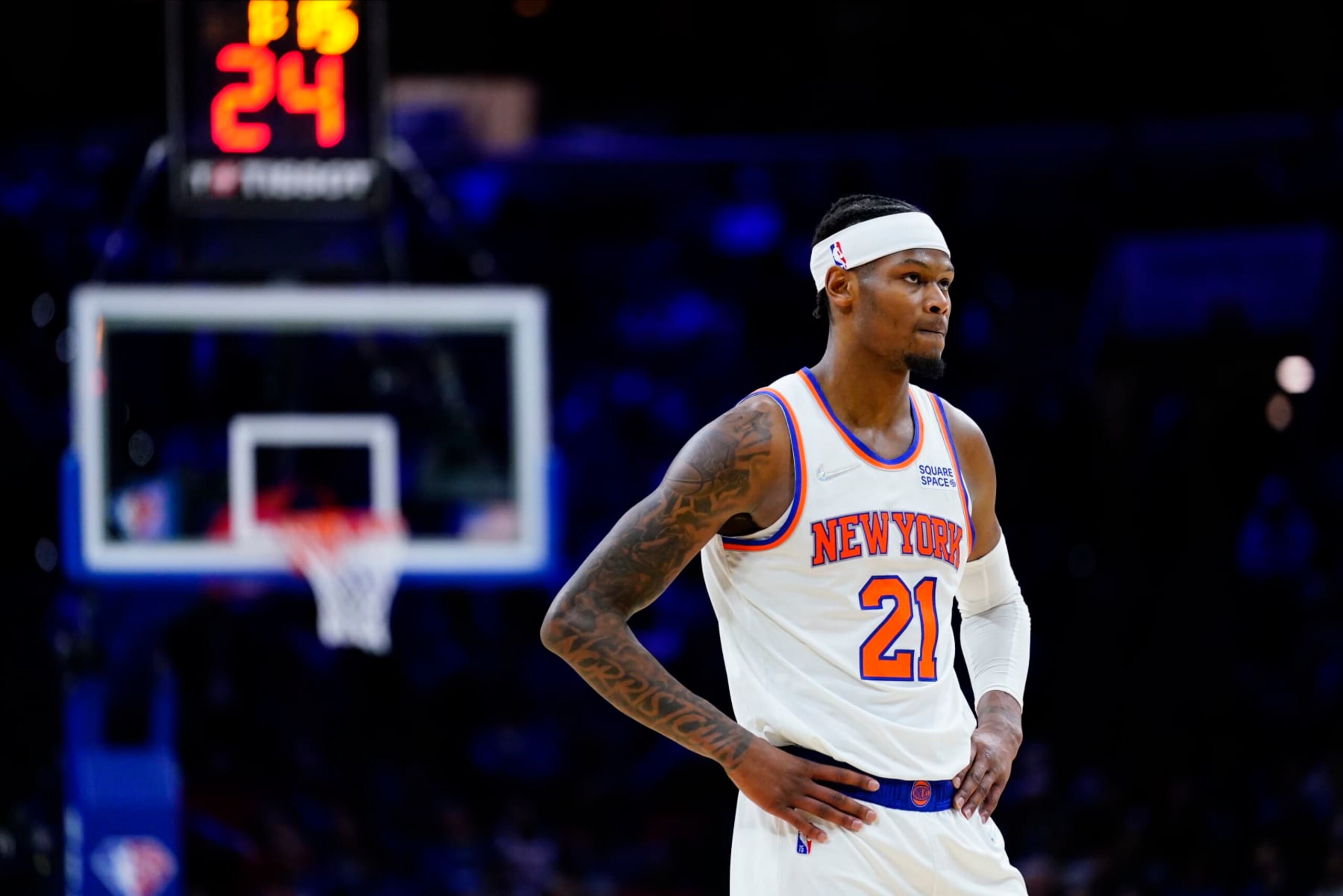 New York Knicks' Cam Reddish plays during an NBA basketball game, Wednesday, March 2, 2022, in Philadelphia. (AP Photo/Matt Slocum)
