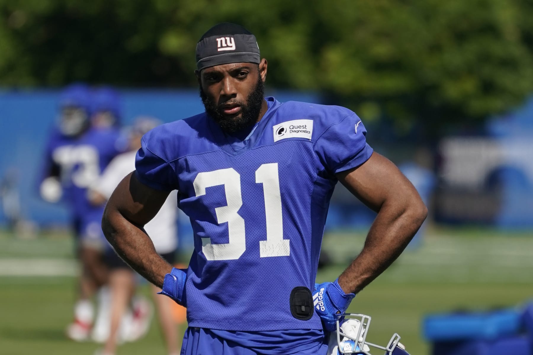 New York Giants running back Matt Breida (31) participates during training camp at the NFL football team's practice facility, Saturday, July 30, 2022, in East Rutherford, N.J. (AP Photo/John Minchillo)