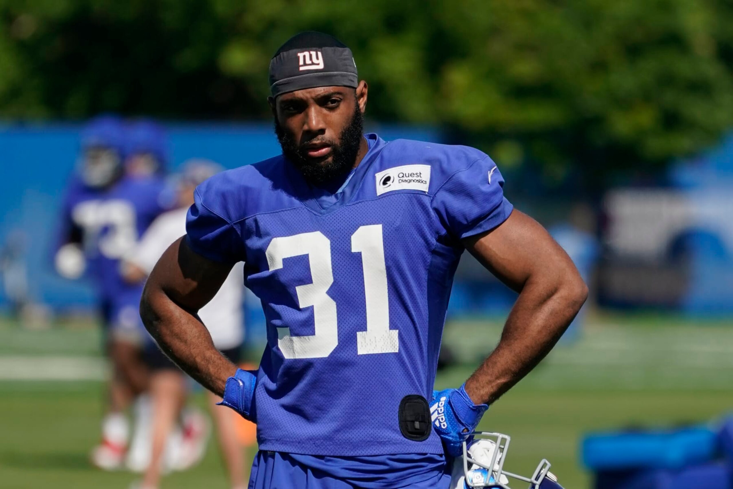 New York Giants running back Matt Breida (31) participates during training camp at the NFL football team's practice facility, Saturday, July 30, 2022, in East Rutherford, N.J. (AP Photo/John Minchillo) New York Giants running back Matt Breida (31) participates during training camp at the NFL football team's practice facility, Saturday, July 30, 2022, in East Rutherford, N.J. (AP Photo/John Minchillo)