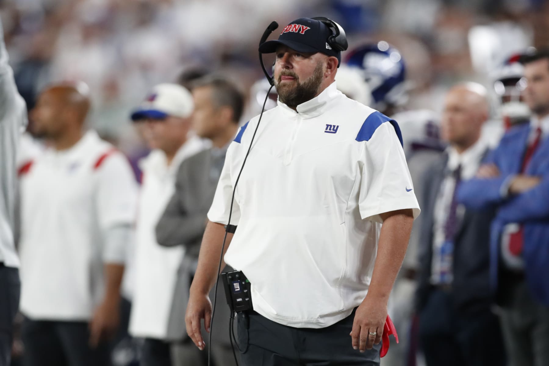New York Giants head coach Brian Daboll watches from the sideline during an NFL football game against the Dallas Cowboys, Monday, Sept. 26, 2022, in East Rutherford, N.J. The Dallas Cowboys won 23-16. (AP Photo/Steve Luciano)