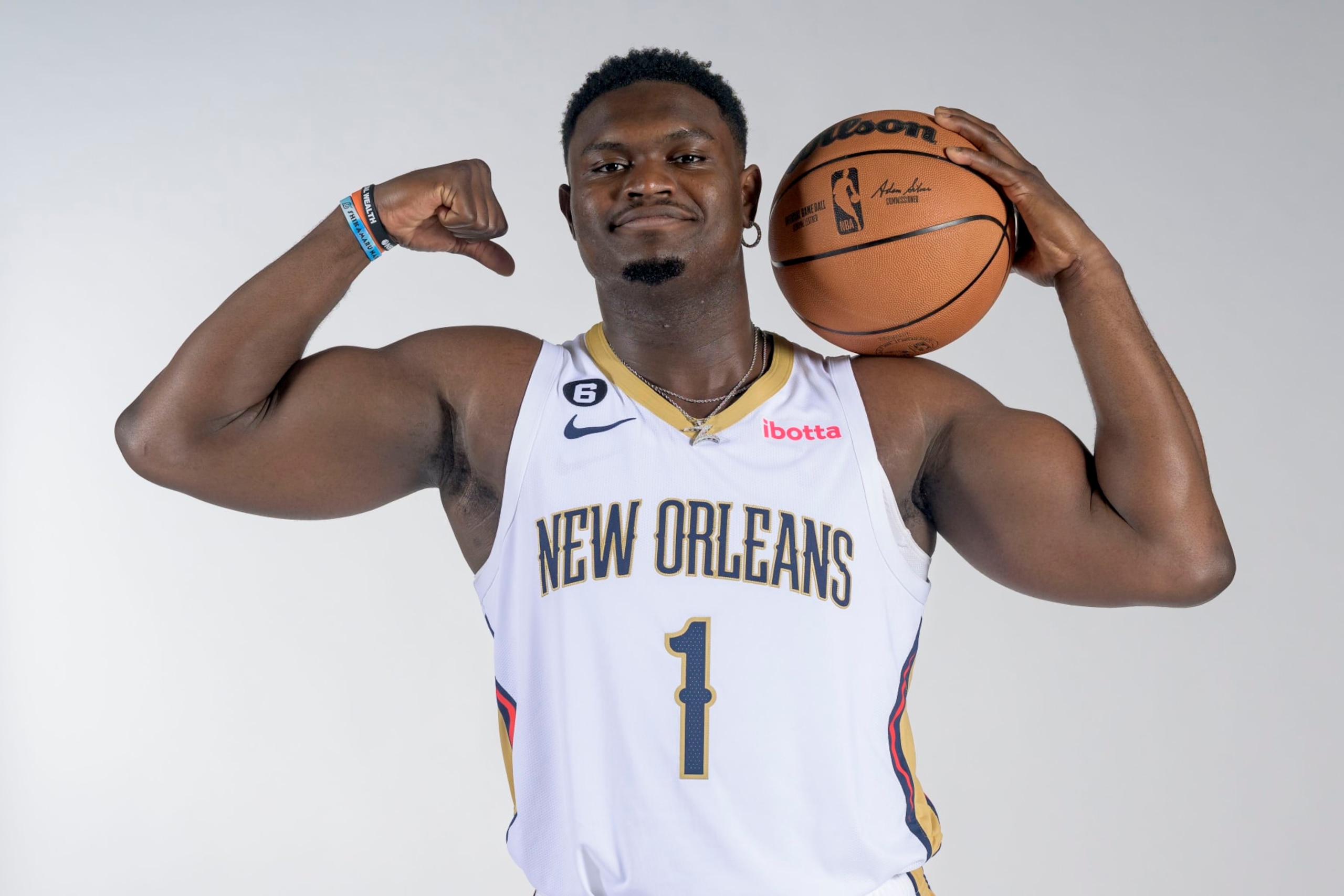 New Orleans Pelicans forward Zion Williamson (1) takes part in the NBA Pelicans basketball media day in New Orleans, Monday, Sept. 26, 2022. (AP Photo/Matthew Hinton)