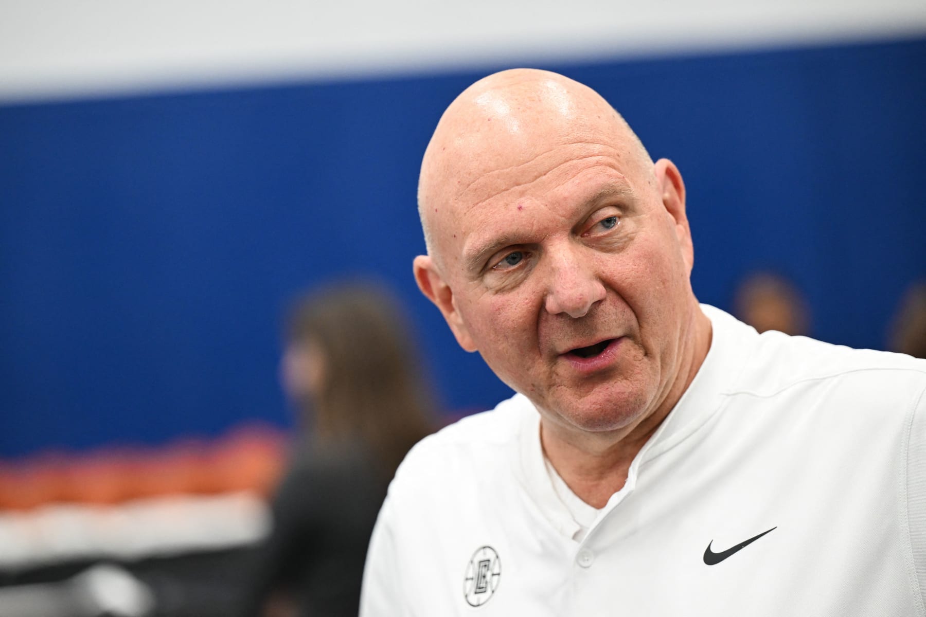 Clippers owner Steve Ballmer speaks to members of the press during the Los Angeles Clippers media day at the Honey Training Center in Playa Vista, California, on September 26, 2022. (Photo by Patrick T. FALLON / AFP) (Photo by PATRICK T. FALLON/AFP via Getty Images)
