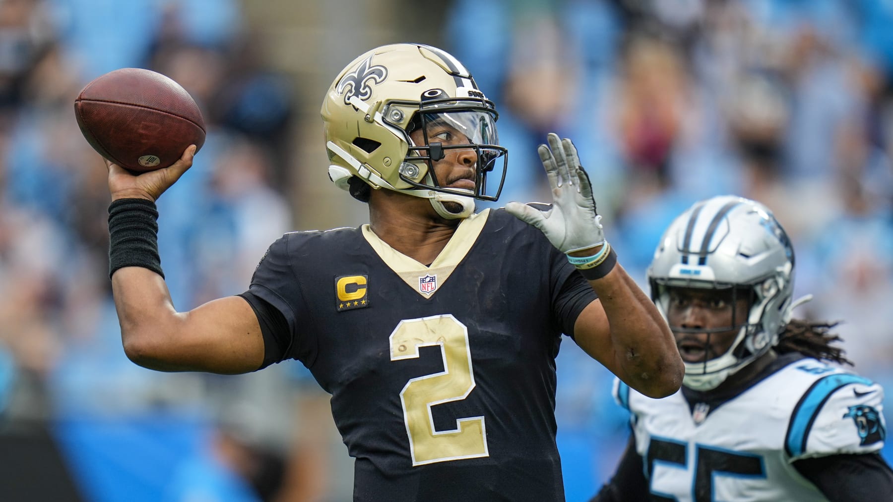 New Orleans Saints quarterback Jameis Winston (2) looks to pass during an NFL football game against the Carolina Panthers on Sunday, Sep. 25, 2022, in Charlotte, N.C. (AP Photo/Rusty Jones)
