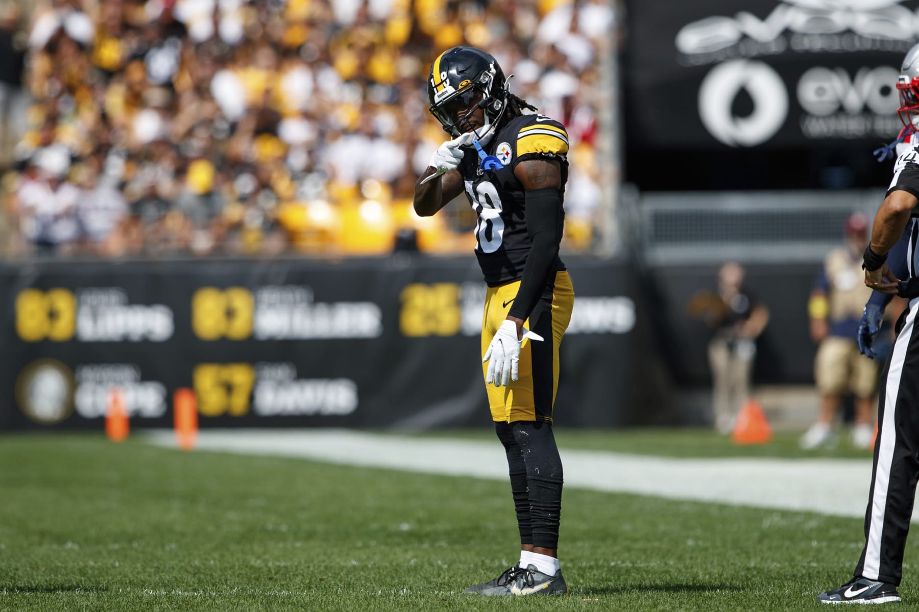 Pittsburgh Steelers wide receiver Diontae Johnson (18) signals for a first down during an NFL football game, Sunday, Sept. 18, 2022, in Pittsburgh, PA. (AP Photo/Matt Durisko)