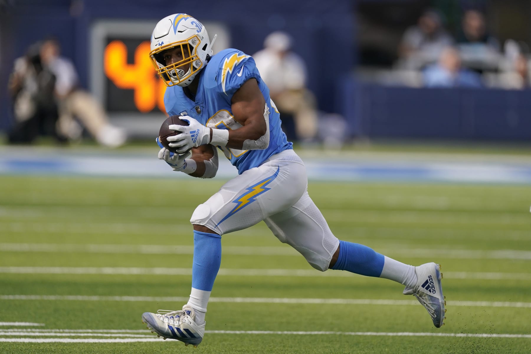 Los Angeles Chargers running back Austin Ekeler (30) during an NFL football game against the Jacksonville Jaguars in Inglewood, Calif., Sunday, Sept. 25, 2022. (AP Photo/Mark J. Terrill)