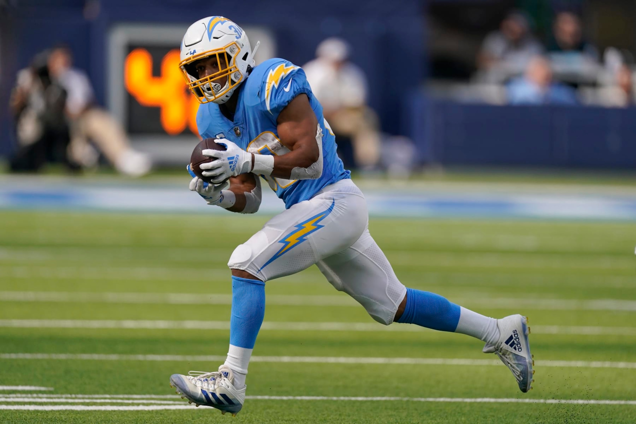 Los Angeles Chargers running back Austin Ekeler (30) during an NFL football game against the Jacksonville Jaguars in Inglewood, Calif., Sunday, Sept. 25, 2022. (AP Photo/Mark J. Terrill)