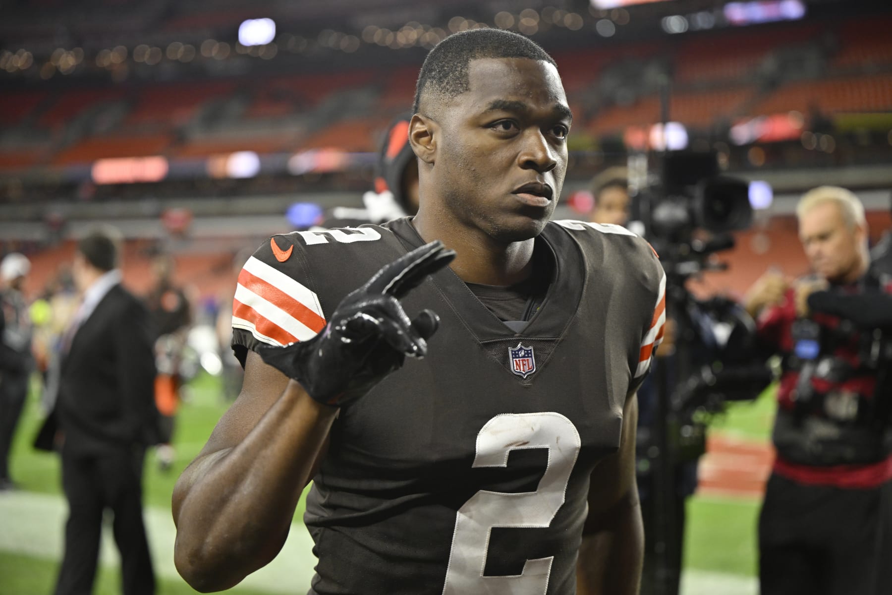 Cleveland Browns wide receiver Amari Cooper (2) walks off the field after an NFL football game against the Pittsburgh Steelers, Thursday, Sept. 22, 2022, in Cleveland. The Browns won 29-17. (AP Photo/David Richard)