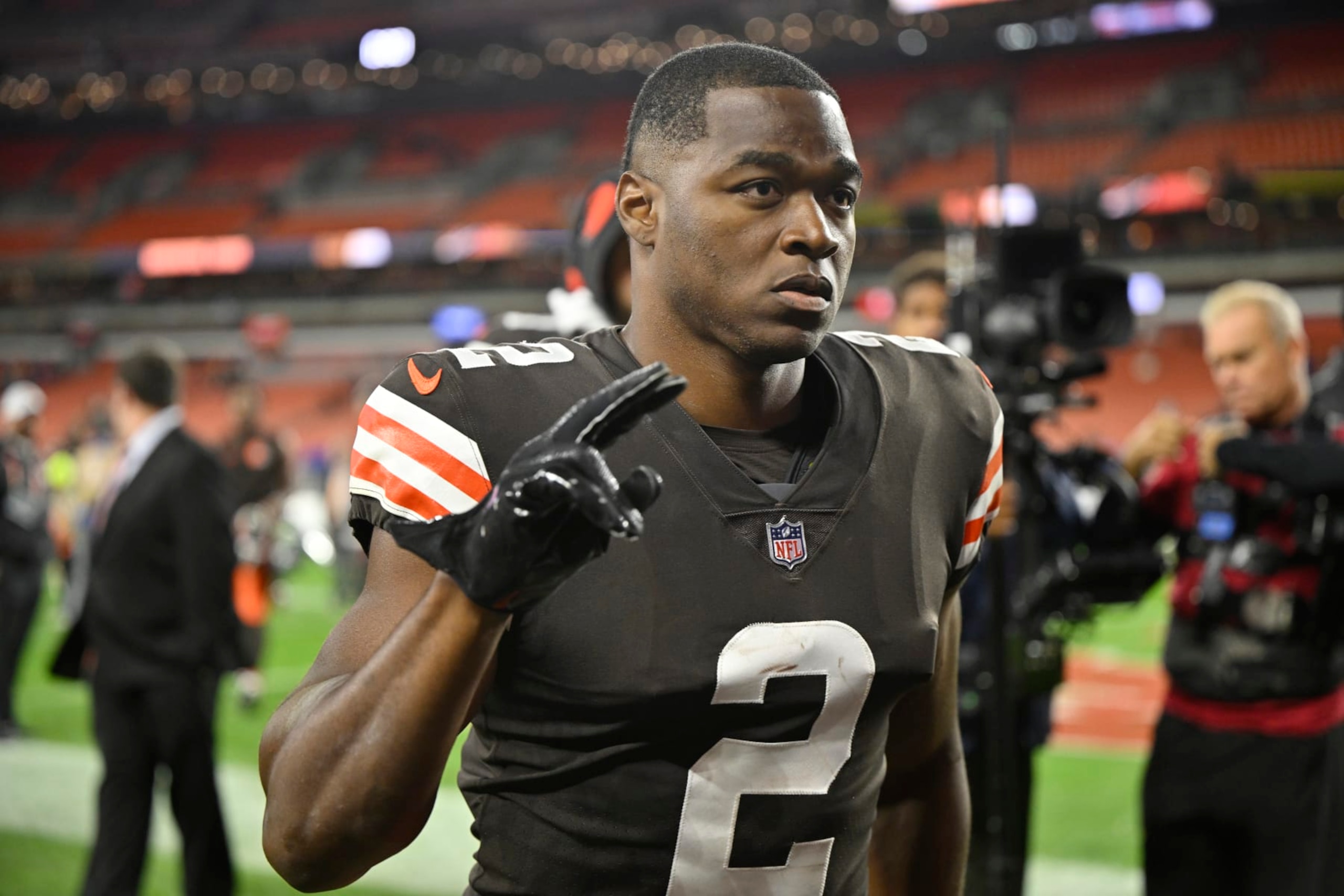 Cleveland Browns wide receiver Amari Cooper (2) walks off the field after an NFL football game against the Pittsburgh Steelers, Thursday, Sept. 22, 2022, in Cleveland. The Browns won 29-17. (AP Photo/David Richard)