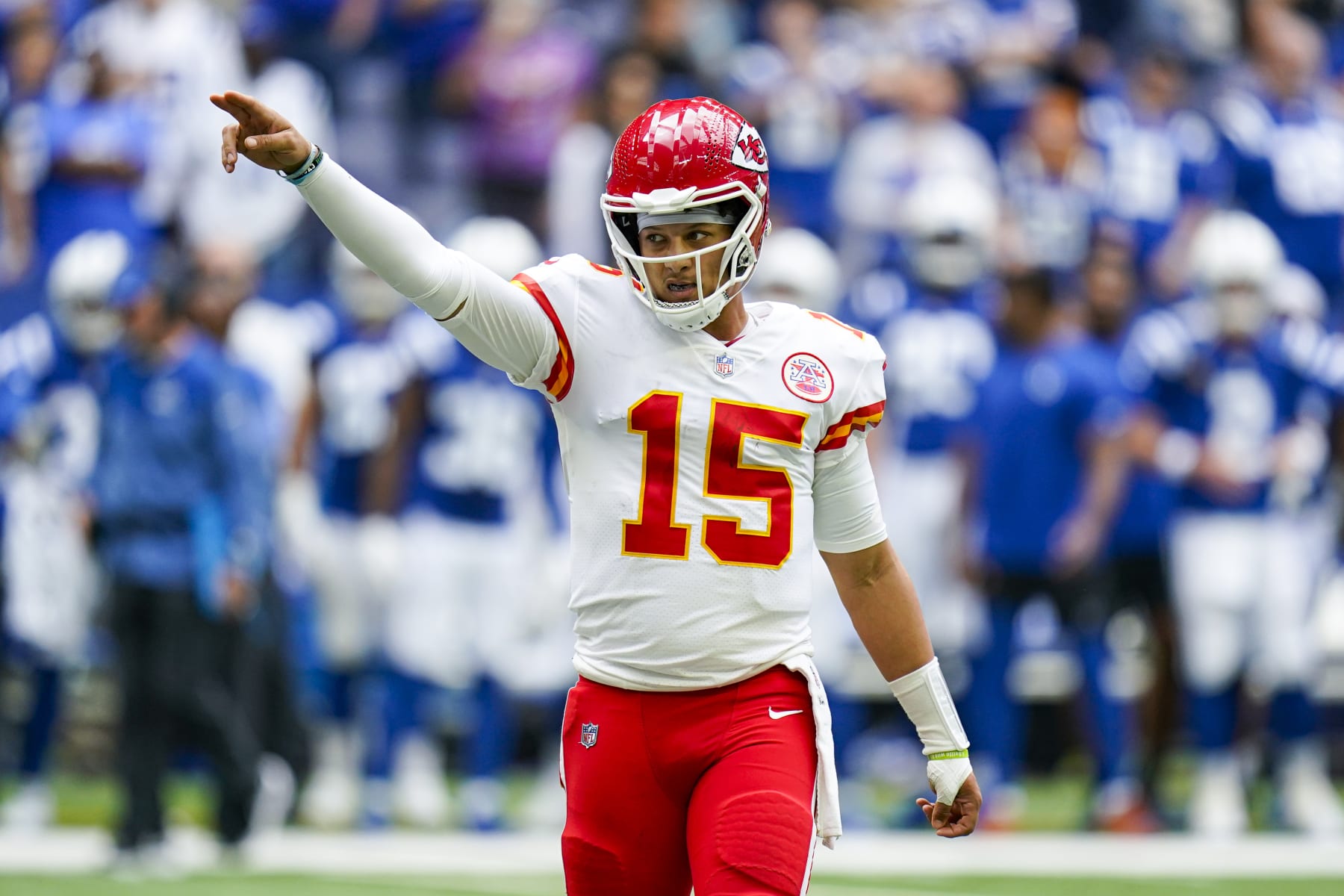 Kansas City Chiefs quarterback Patrick Mahomes (15) gives directions during the second half of an NFL football game against the Indianapolis Colts, Sunday, Sept. 25, 2022, in Indianapolis. (AP Photo/Michael Conroy)