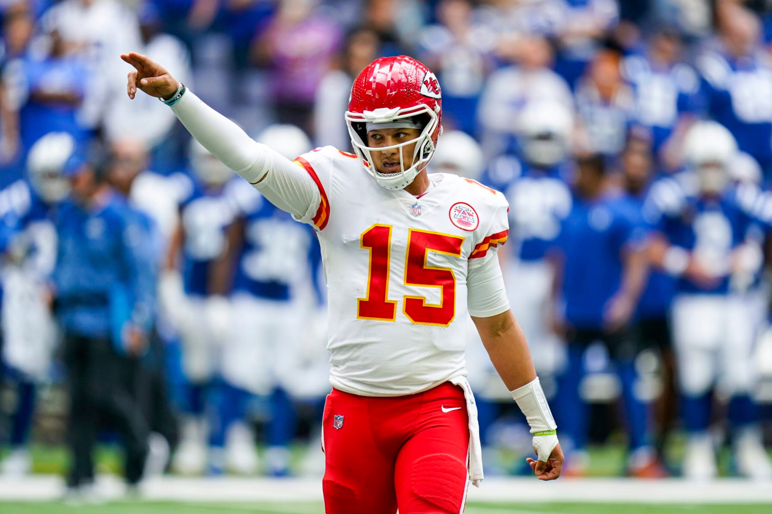 Kansas City Chiefs quarterback Patrick Mahomes (15) gives directions during the second half of an NFL football game against the Indianapolis Colts, Sunday, Sept. 25, 2022, in Indianapolis. (AP Photo/Michael Conroy)