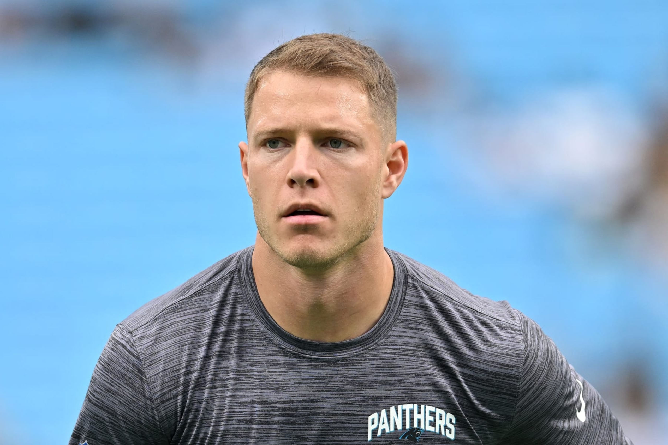 CHARLOTTE, NORTH CAROLINA - SEPTEMBER 25: Christian McCaffrey #22 of the Carolina Panthers looks on during warmups before the game against the New Orleans Saints at Bank of America Stadium on September 25, 2022 in Charlotte, North Carolina. (Photo by Grant Halverson/Getty Images)
