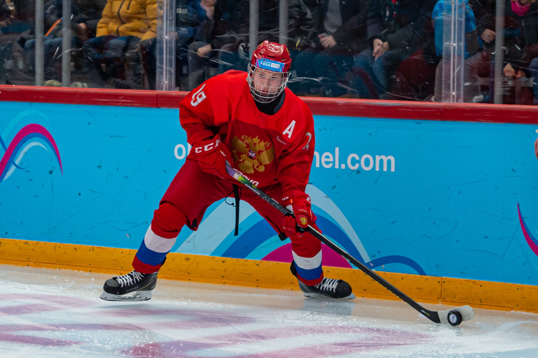 LAUSANNE, SWITZERLAND - JANUARY 21: #19 Matvei Michkov of Russian Federation in action during Men's 6-Team Tournament Semifinals Game between Russia and Finland of the Lausanne 2020 Winter Youth Olympics on January 20, 2021 in Lausanne, Switzerland. (Photo by RvS.Media/Monika Majer/Getty Images)