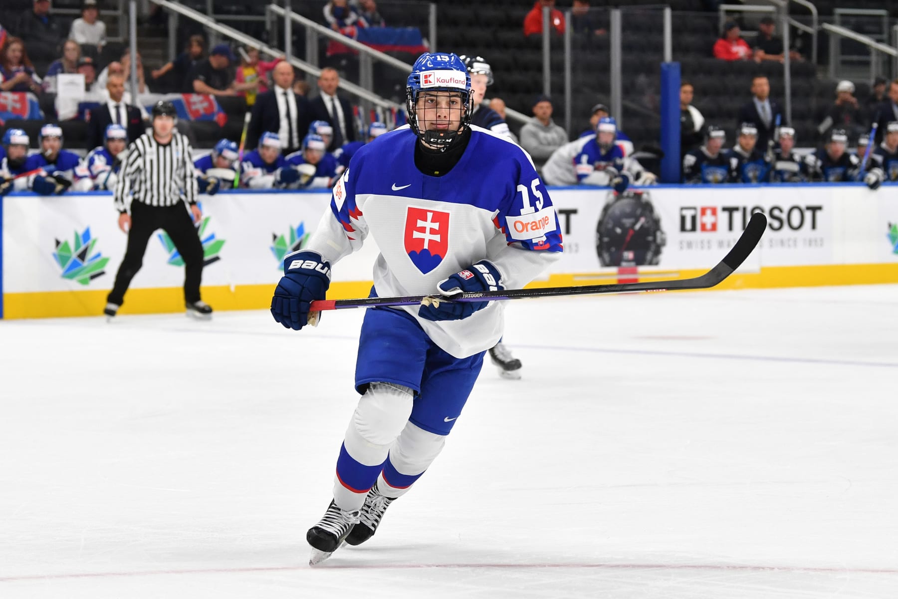 EDMONTON, AB - AUGUST 14: Dalibor Dvorsky #15 of Slovakia skates during the game against Finland in the IIHF World Junior Championship on August 14, 2022 at Rogers Place in Edmonton, Alberta, Canada (Photo by Andy Devlin/ Getty Images)