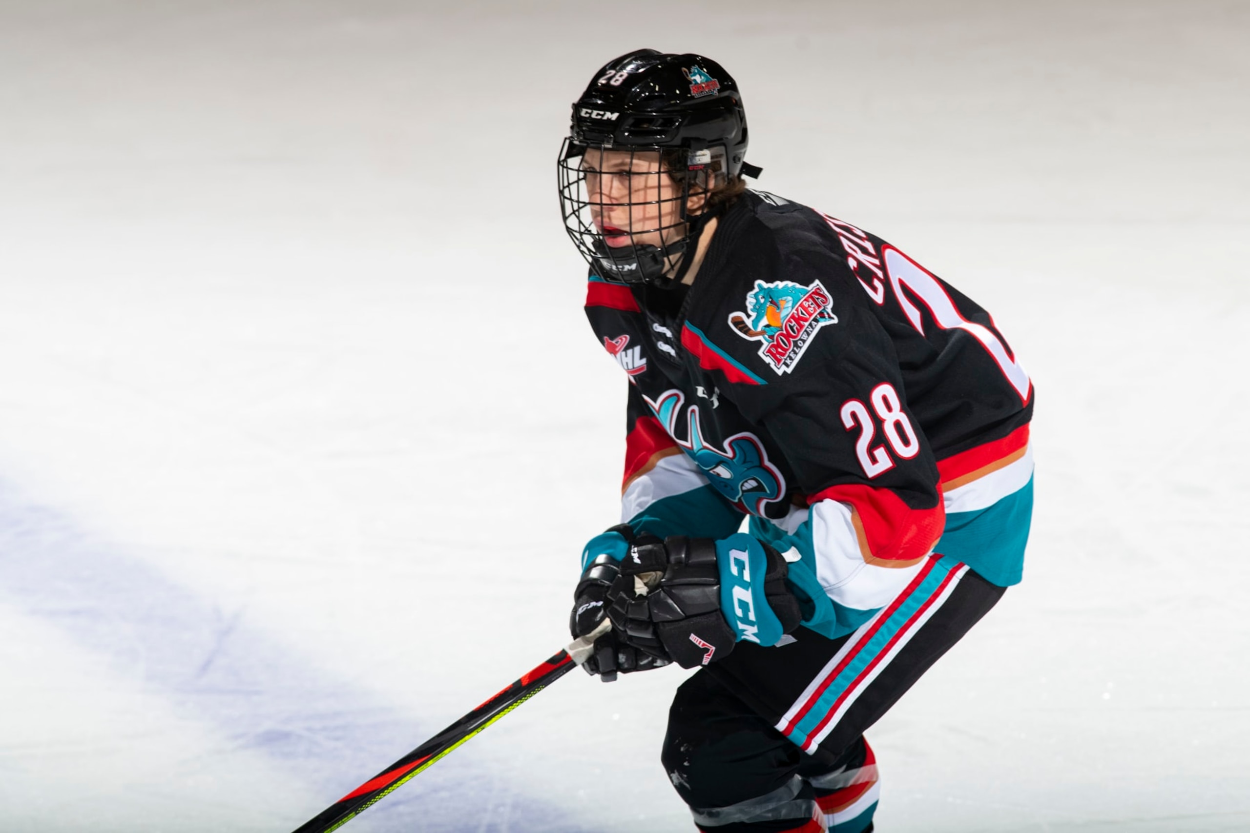 KELOWNA, BC - MARCH 26:  Andrew Cristall #28 of the Kelowna Rockets skates against the Victoria Royals at Prospera Place on March 26, 2021 in Kelowna, Canada. (Photo by Marissa Baecker/Getty Images)