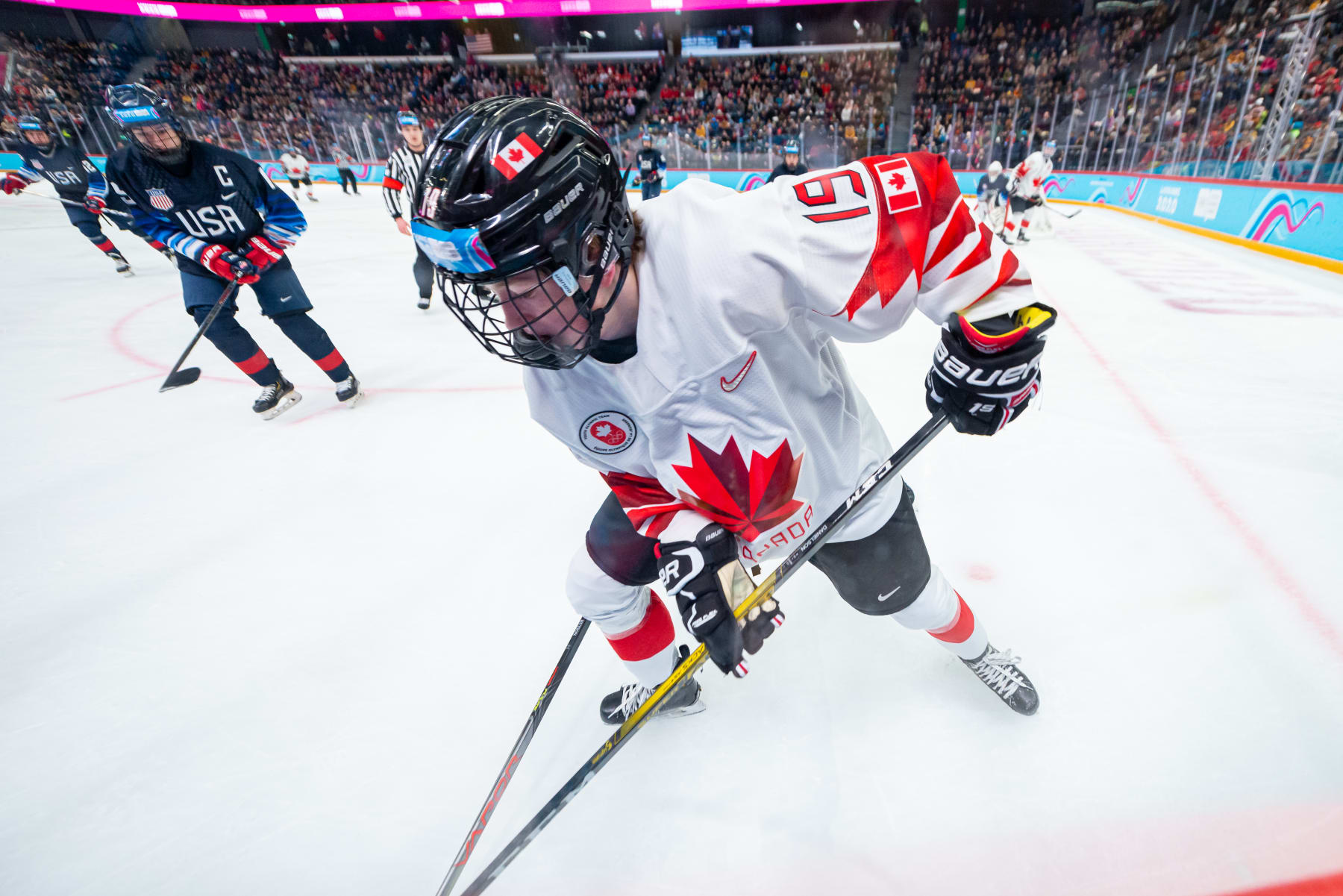 LAUSANNE, SWITZERLAND - JANUARY 21: #19 Nate Danielson of Canada in action during Men's 6-Team Tournament Semifinals Game between United States and Canada of the Lausanne 2020 Winter Youth Olympics on January 21, 2020 in Lausanne, Switzerland. (Photo by RvS.Media/Monika Majer/Getty Images)