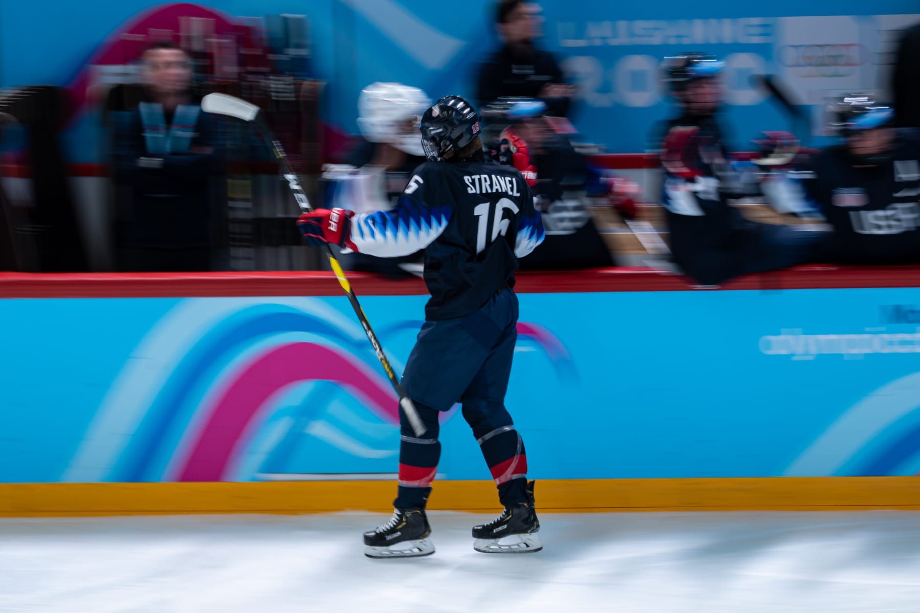 LAUSANNE, SWITZERLAND - JANUARY 18: #16 Charlie Stramel of United States celebrates his team goal during Men's 6-Team Tournament Preliminary Round - Group A Game between United States and Finland of the Lausanne 2020 Winter Youth Olympics on January 18, 2020 in Lausanne, Switzerland. (Photo by RvS.Media/Basile Barbey/Getty Images)