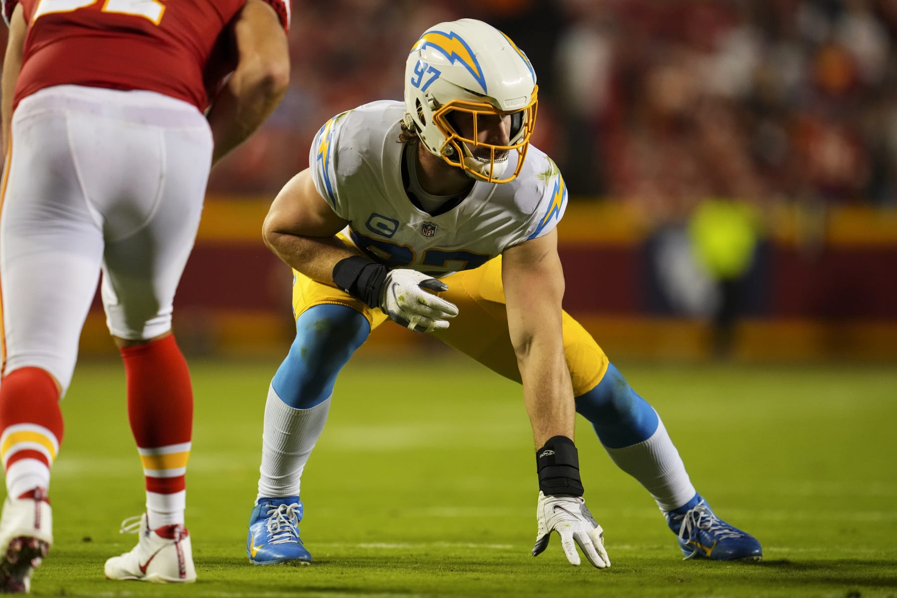 KANSAS CITY, MO - SEPTEMBER 15: Joey Bosa #97 of the Los Angeles Chargers gets set against the Kansas City Chiefs at GEHA Field at Arrowhead Stadium on September 15, 2022 in Kansas City, Missouri. (Photo by Cooper Neill/Getty Images)