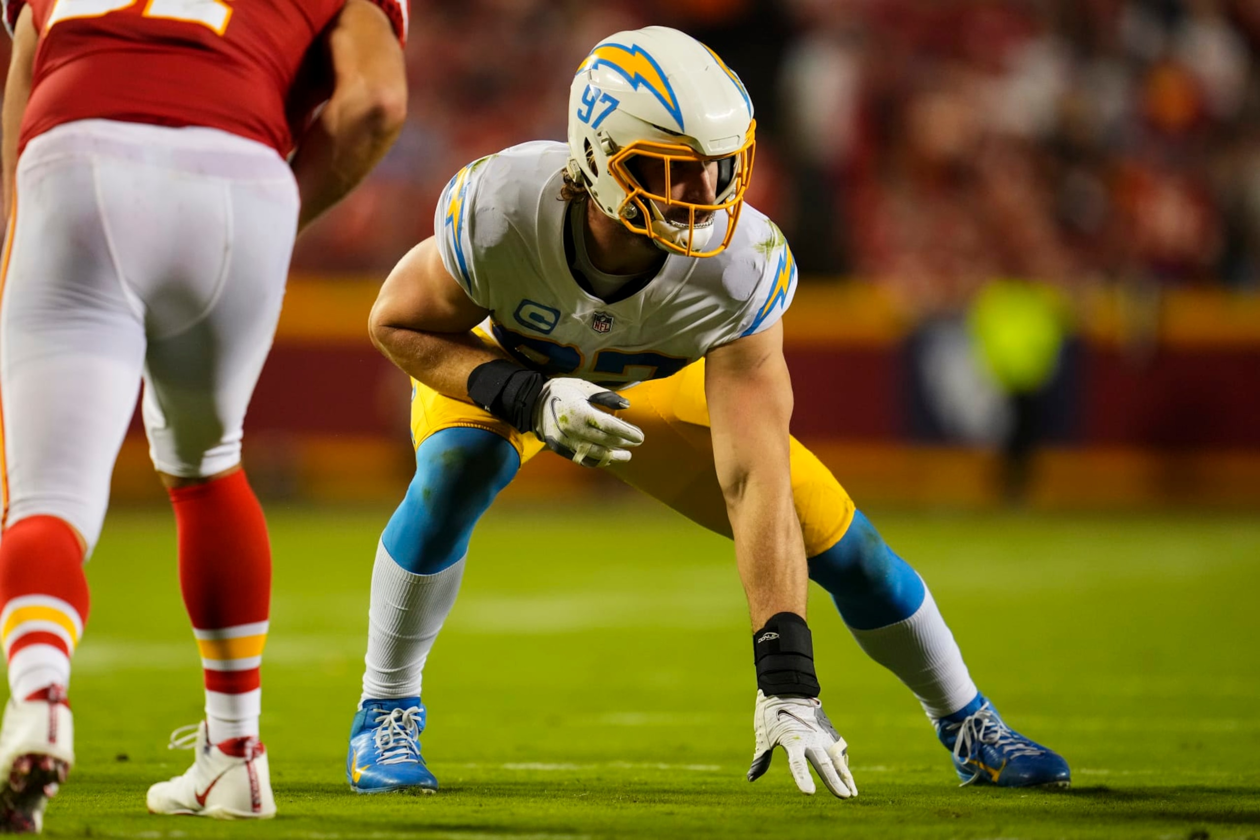 KANSAS CITY, MO - SEPTEMBER 15: Joey Bosa #97 of the Los Angeles Chargers gets set against the Kansas City Chiefs at GEHA Field at Arrowhead Stadium on September 15, 2022 in Kansas City, Missouri. (Photo by Cooper Neill/Getty Images)