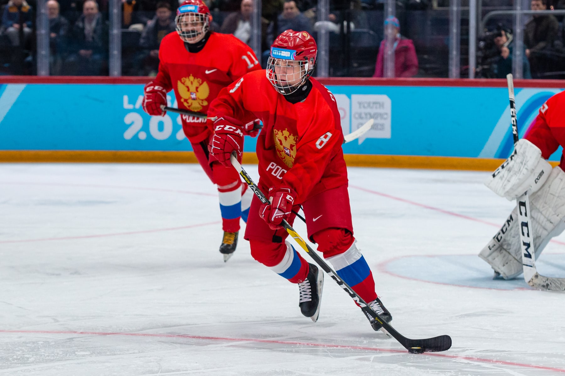 LAUSANNE, SWITZERLAND - JANUARY 22: #8 Mikhail Gulyayev of Russian Federation in action during Men's 6-Team Tournament Gold Medal Game between Russia and United States of the Lausanne 2020 Winter Youth Olympics on January 22, 2021 in Lausanne, Switzerland. (Photo by RvS.Media/Monika Majer/Getty Images)