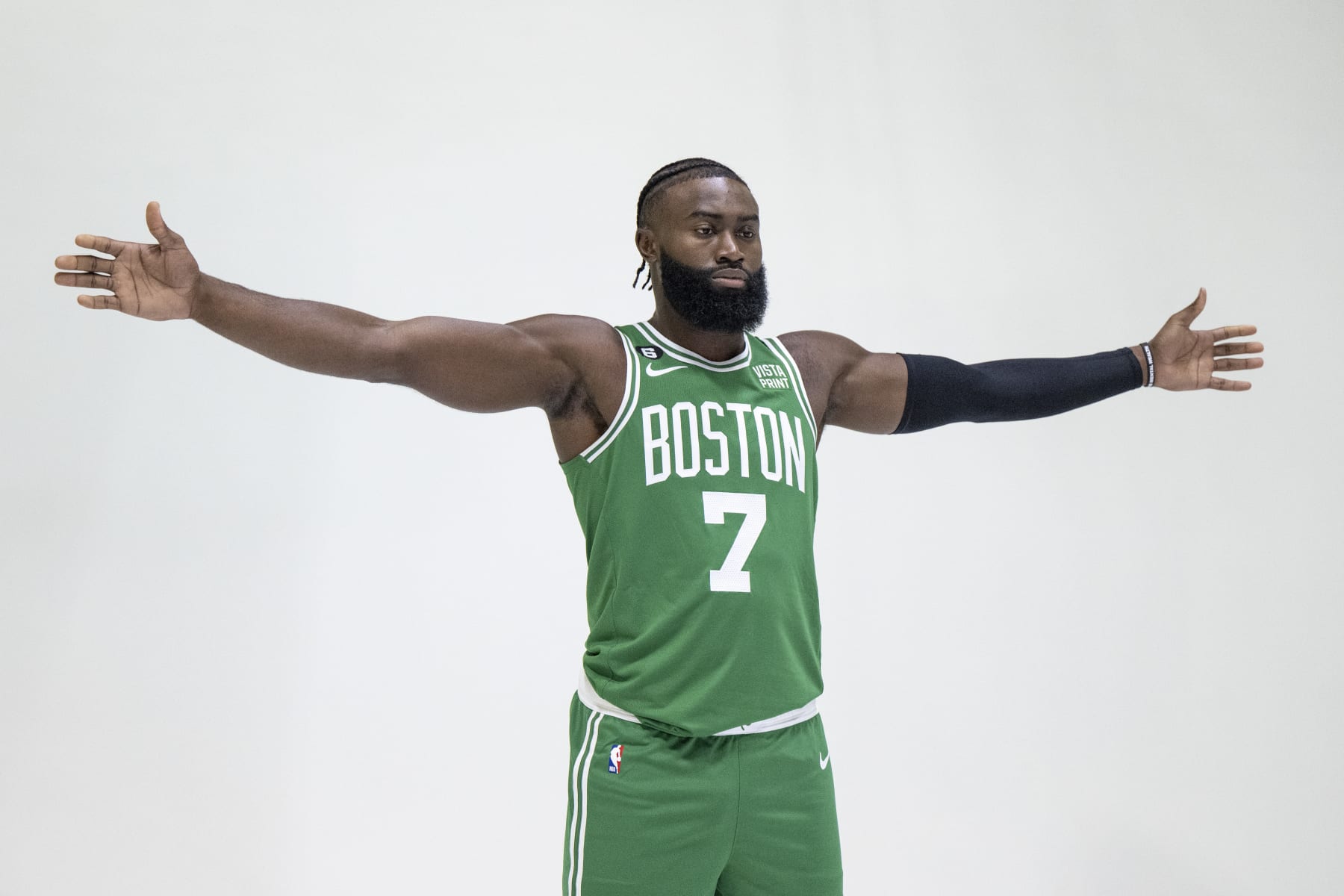 CANTON, MA - SEPTEMBER 26: Jaylen Brown #7 of the Boston Celtics poses for photos during Boston Celtics Media Day at High Output Studios on September 26, 2022 in Canton, Massachusetts. NOTE TO USER: User expressly acknowledges and agrees that, by downloading and/or using this photograph, user is consenting to the terms and conditions of the Getty Images License Agreement. (Photo by Maddie Malhotra/Getty Images)