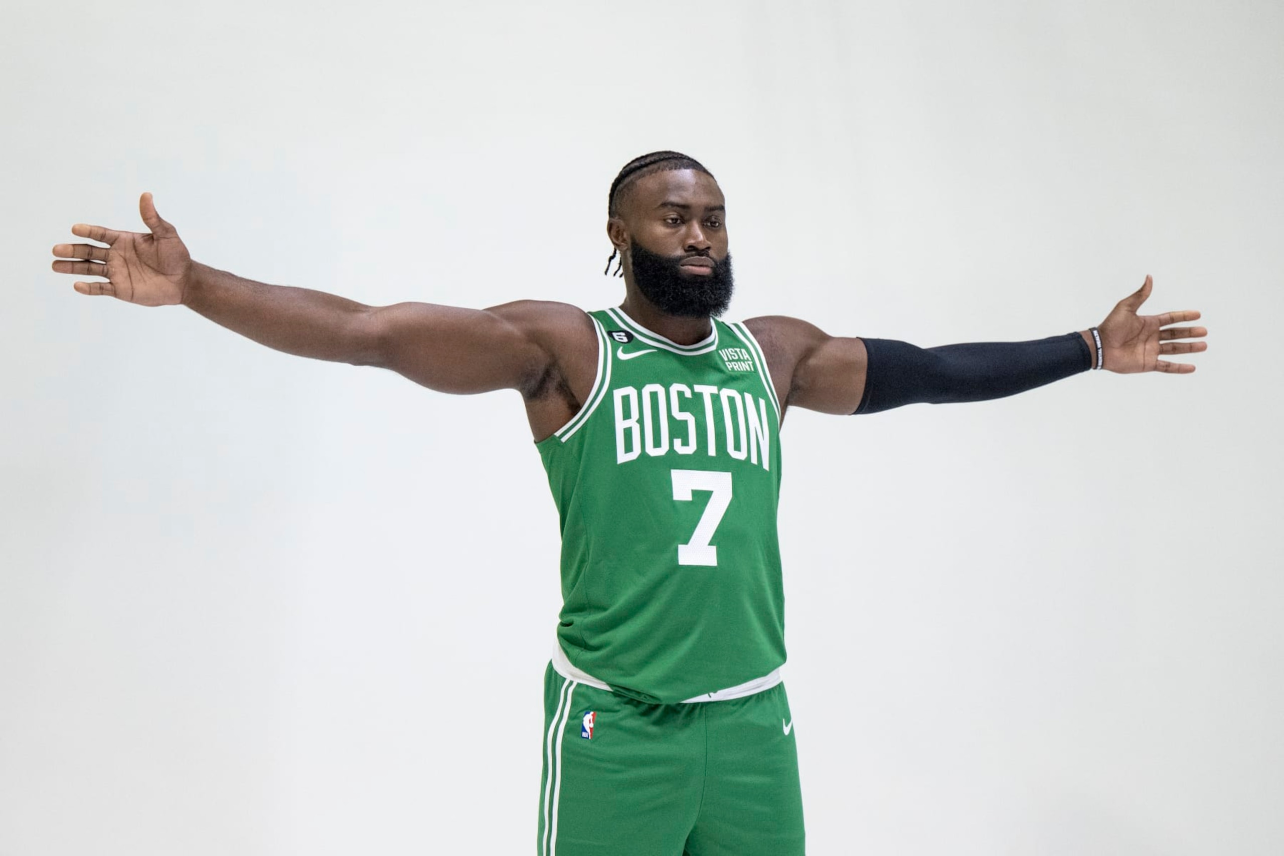 CANTON, MA - SEPTEMBER 26: Jaylen Brown #7 of the Boston Celtics poses for photos during Boston Celtics Media Day at High Output Studios on September 26, 2022 in Canton, Massachusetts. NOTE TO USER: User expressly acknowledges and agrees that, by downloading and/or using this photograph, user is consenting to the terms and conditions of the Getty Images License Agreement. (Photo by Maddie Malhotra/Getty Images) CANTON, MA - SEPTEMBER 26: Jaylen Brown #7 of the Boston Celtics poses for photos during Boston Celtics Media Day at High Output Studios on September 26, 2022 in Canton, Massachusetts. NOTE TO USER: User expressly acknowledges and agrees that, by downloading and/or using this photograph, user is consenting to the terms and conditions of the Getty Images License Agreement. (Photo by Maddie Malhotra/Getty Images)