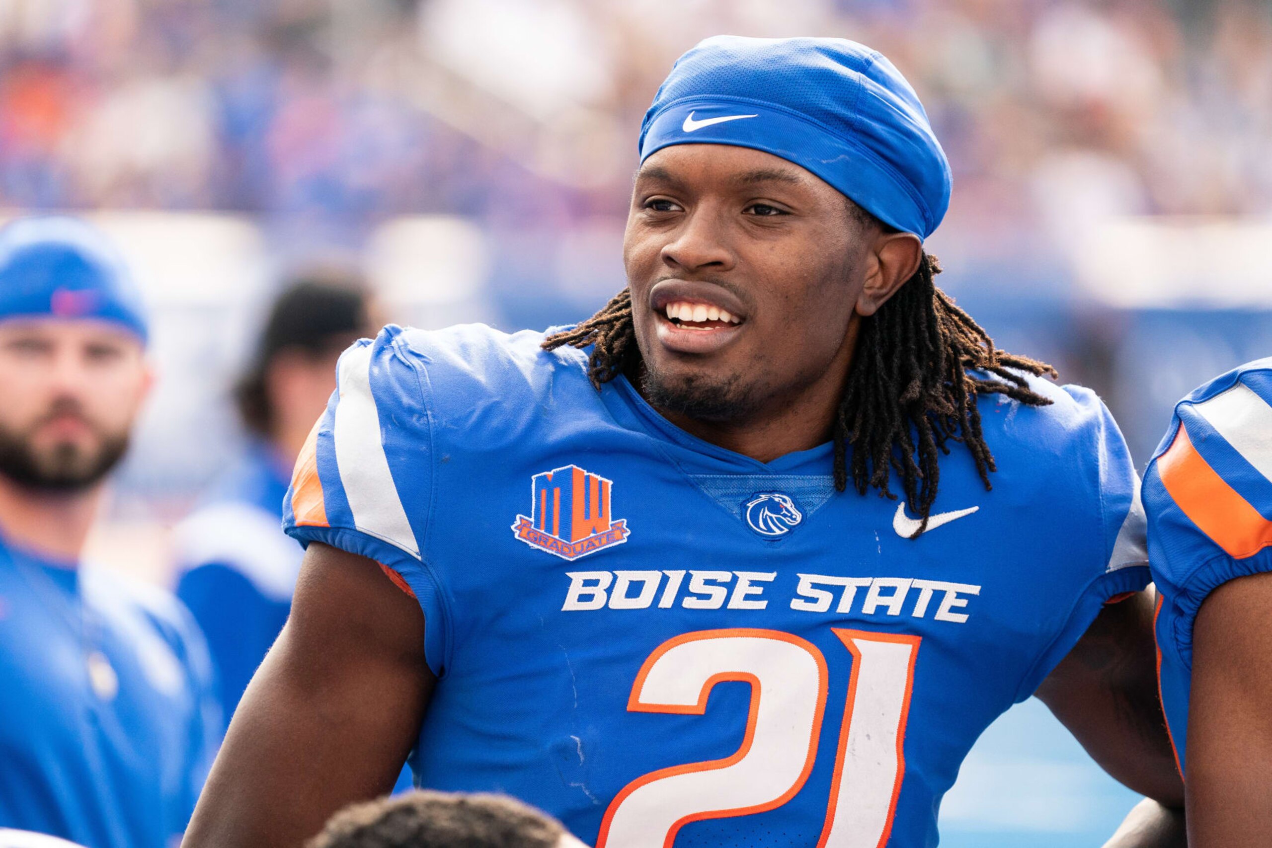 BOISE, ID - SEPTEMBER 17: Boise State Broncos cornerback Tyreque Jones (21) on the sideline during a college football game between the UT Martin Skyhawks and the Boise State Broncos on September 17, 2022, at Albertsons Stadium in Boise, ID. (Photo by Tyler Ingham/Icon Sportswire via Getty Images)