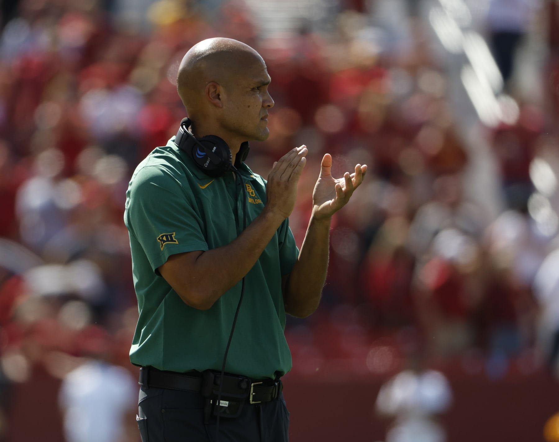 AMES, IA - SEPTEMBER 24:  Head coach Dave Aranda of the Baylor Bears coaches from the sidelines in the first half of play at Jack Trice Stadium on September 24, 2022 in Ames, Iowa. The Baylor Bears won 31-24 over the Iowa State Cyclones. (Photo by David K Purdy/Getty Images)