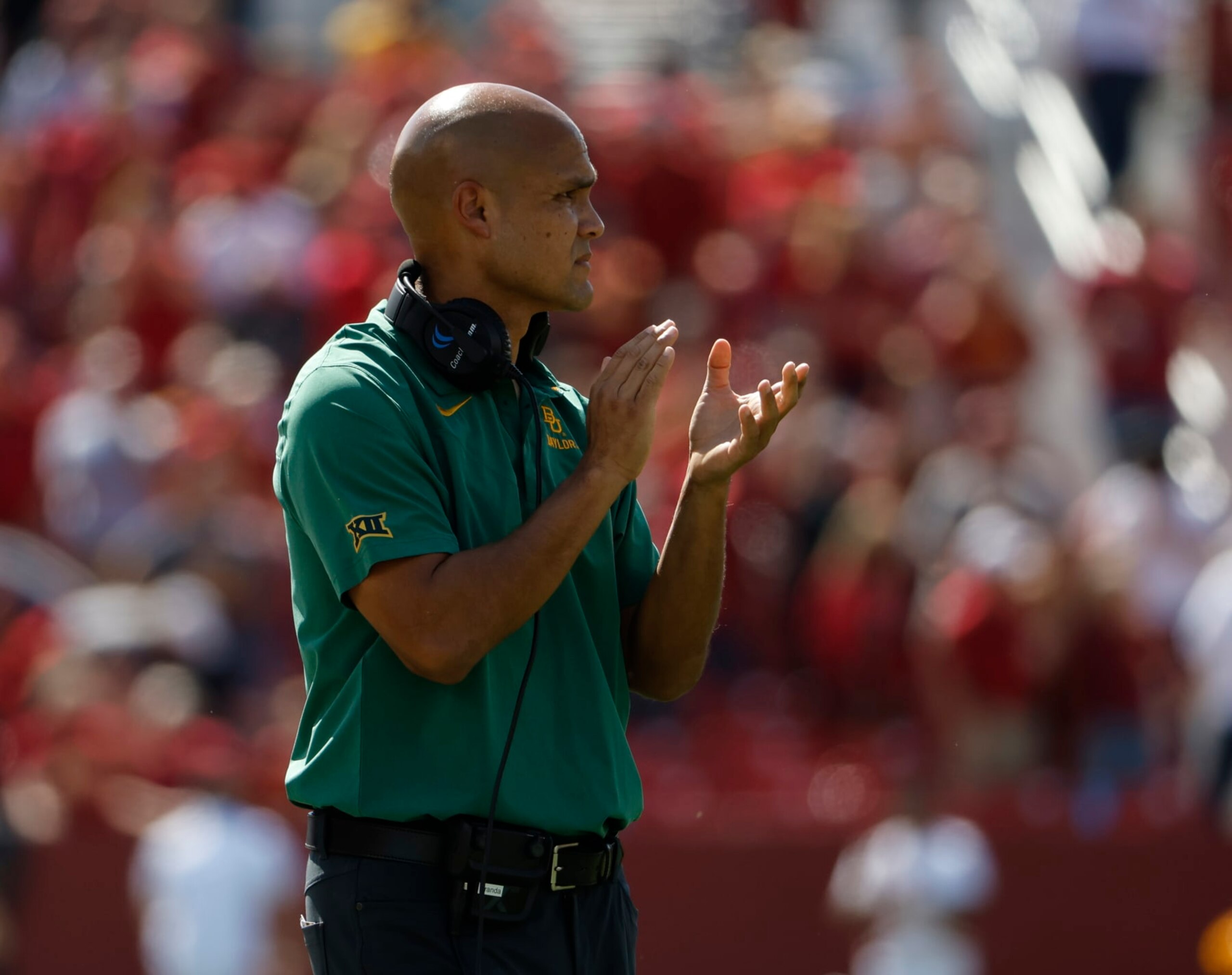 AMES, IA - SEPTEMBER 24:  Head coach Dave Aranda of the Baylor Bears coaches from the sidelines in the first half of play at Jack Trice Stadium on September 24, 2022 in Ames, Iowa. The Baylor Bears won 31-24 over the Iowa State Cyclones. (Photo by David K Purdy/Getty Images)